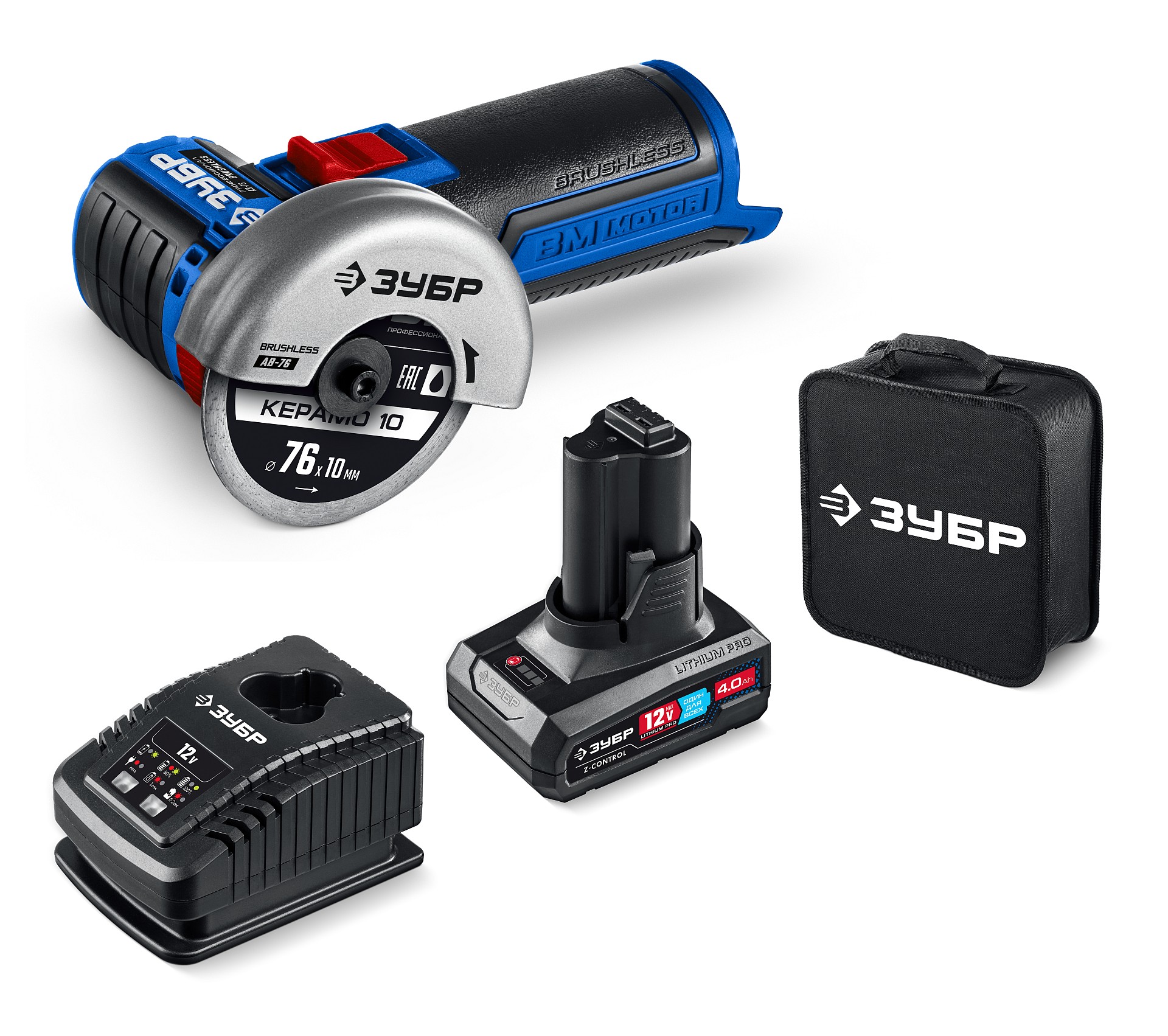 ЗУБР 12 В, D76 мм, 1 АКБ тип Т7 (4 А·ч), бесщеточная УШМ, сумка, Профессионал (AB-76-41)