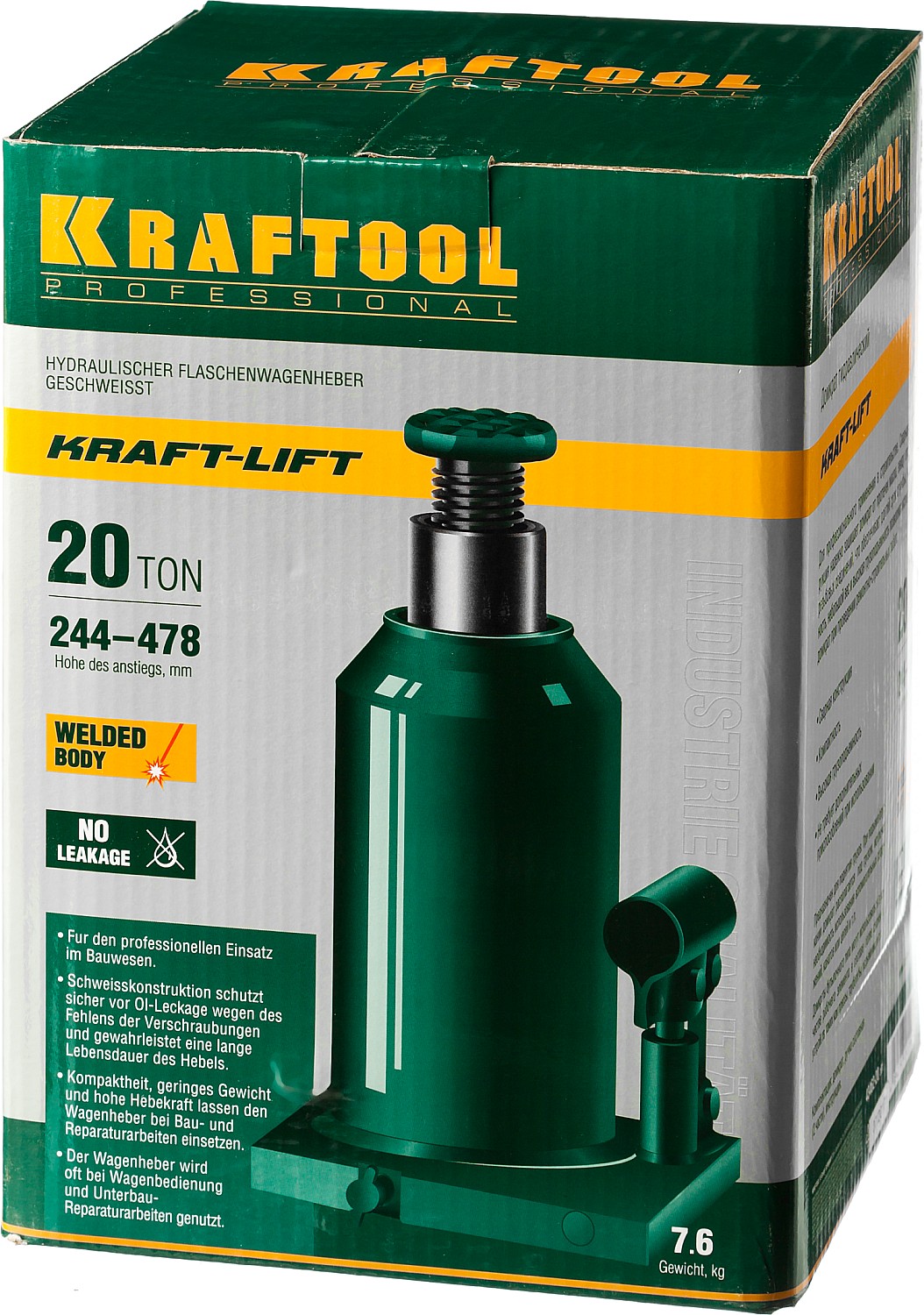 KRAFTOOL KRAFT-LIFT, 20 т, 244 - 478 мм, бутылочный гидравлический домкрат (43462-20)