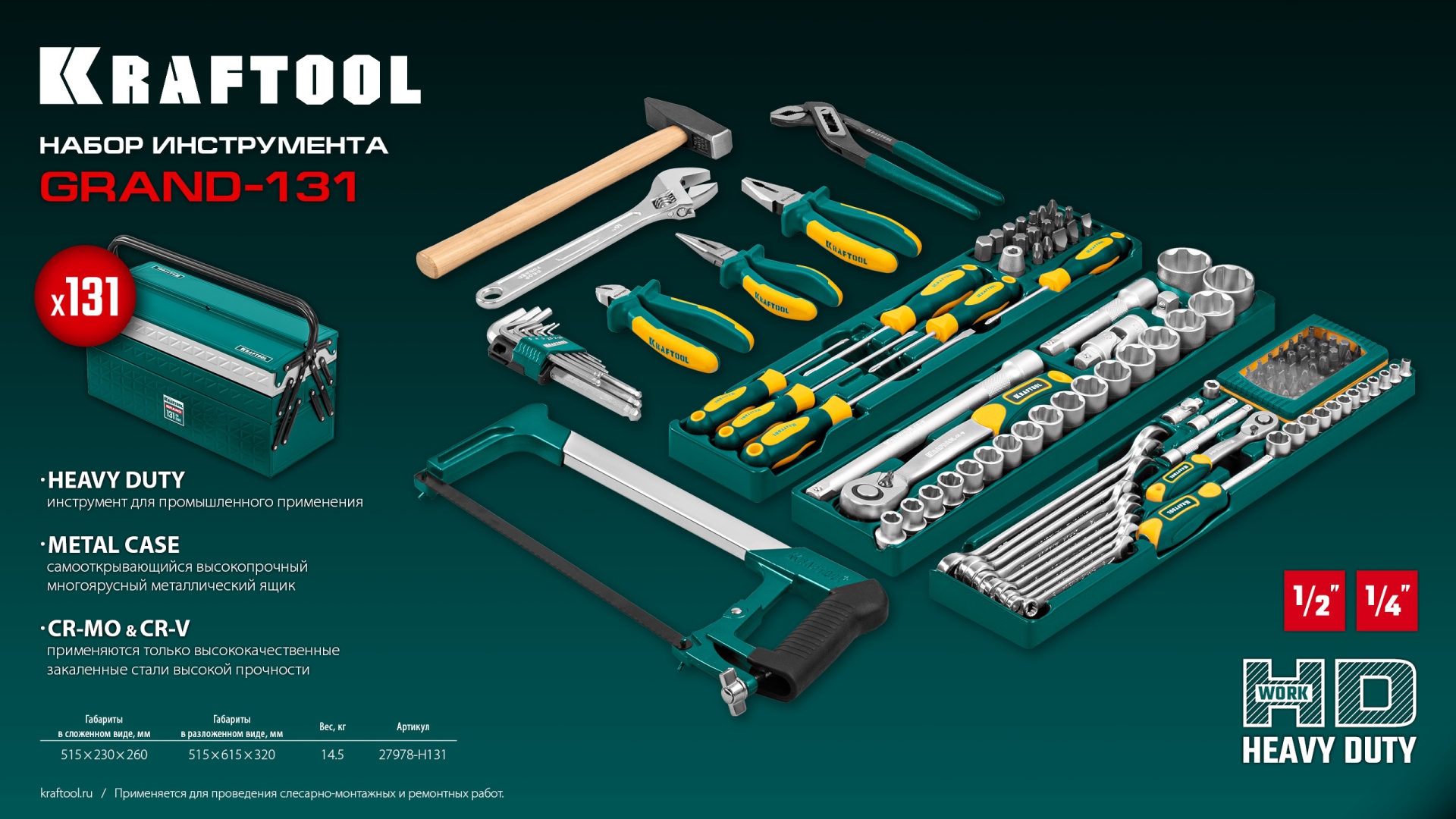 KRAFTOOL GRAND-131, 131 предм., (1/2″+1/4″), универсальный набор инструмента (27978-H131)