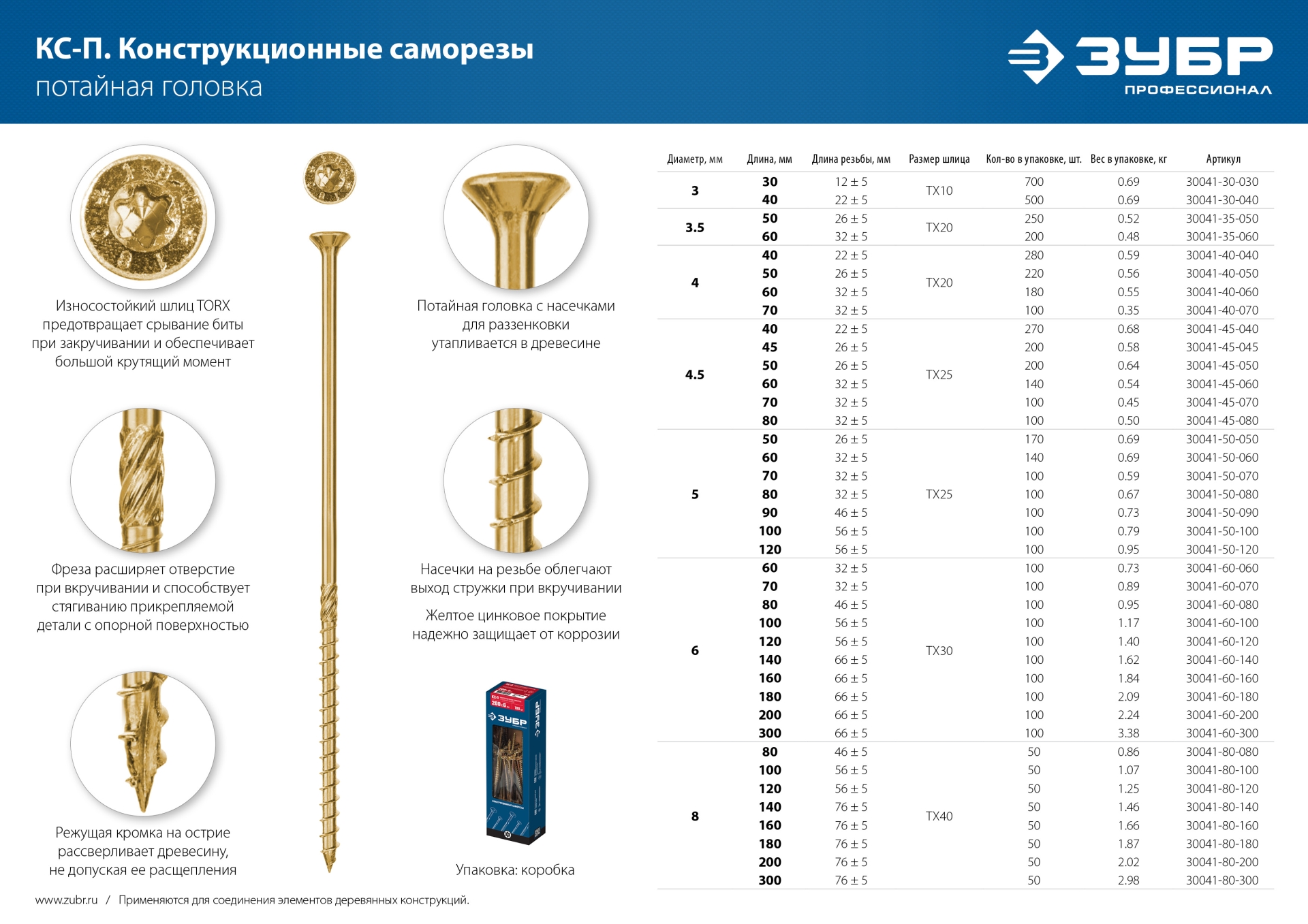 ЗУБР КС-П, 60 х 3.5 мм, TX20, потайная головка желтый цинк, 200 шт (0,45 кг.), конструкционный саморез, Профессионал (30041-35-060)