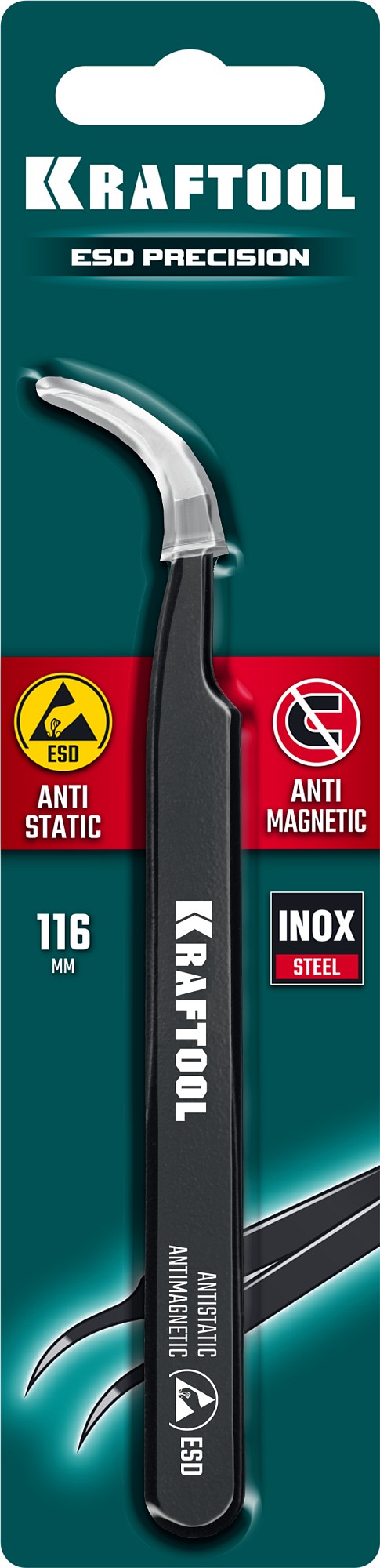 KRAFTOOL изогнутый 116 мм, Антистатический антимагнитный прецизионный пинцет (222126)