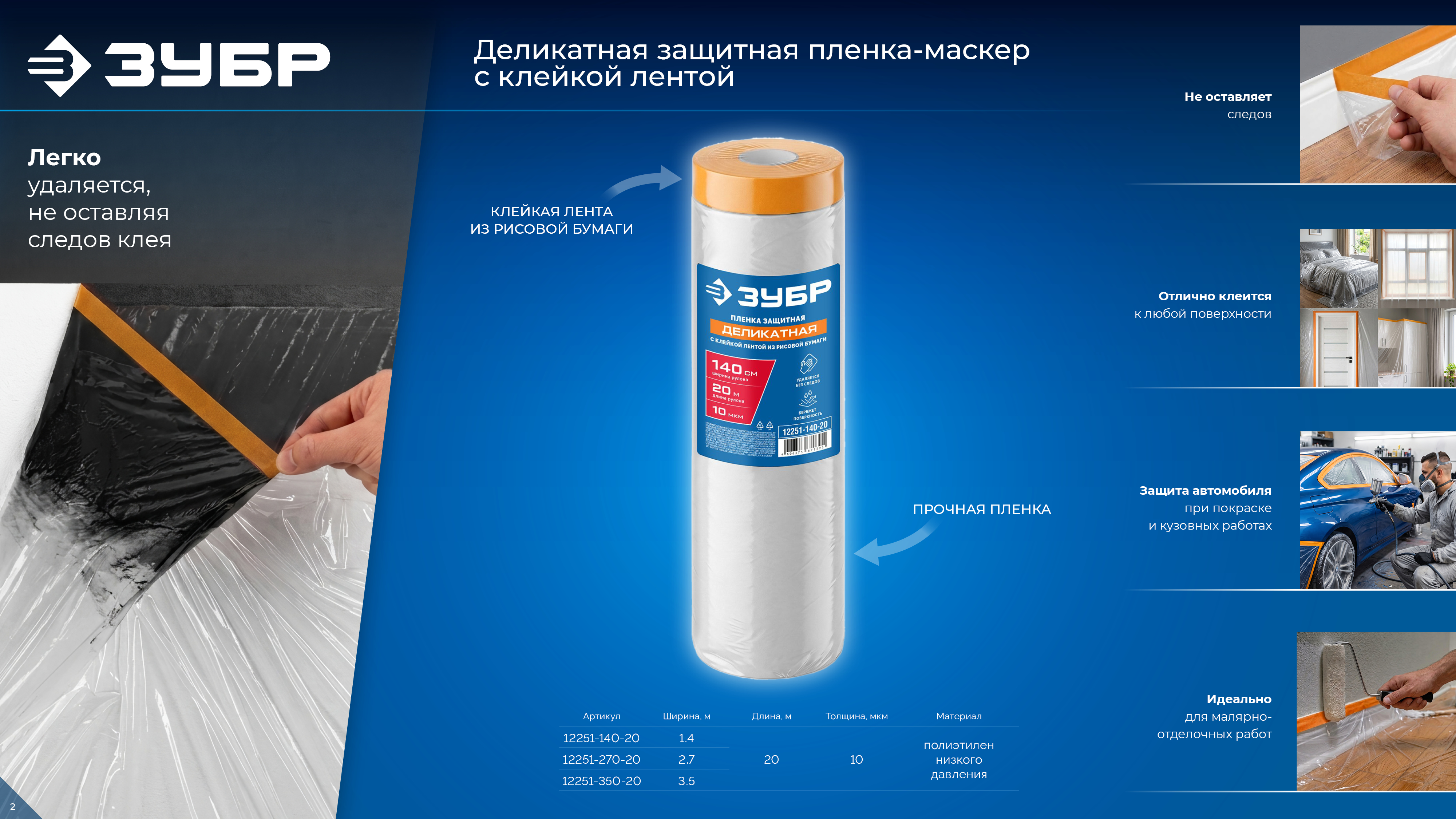 ЗУБР ПМ Деликат 1.4 х 20 м, 10 мкм ПВД, деликатная защитная пленка-маскер с клейкой лентой (12251-140-20)