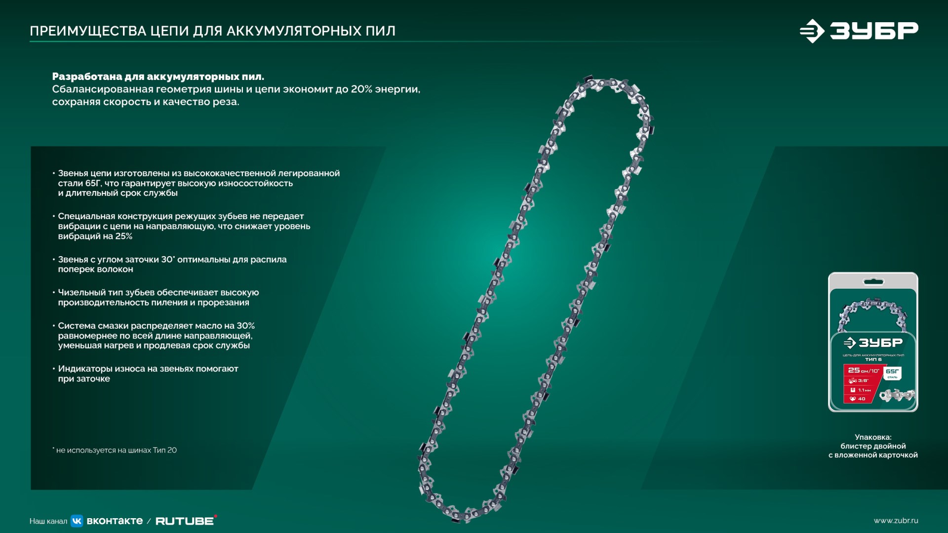 ЗУБР тип 6, 40 см, шаг 3/8″, паз 1.1 мм, 57 звеньев, цепь (71306-40)