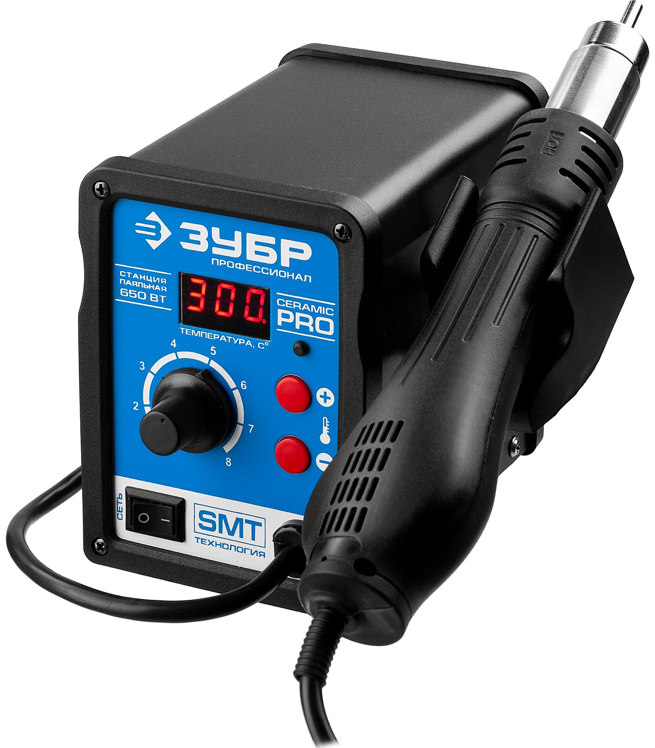 ЗУБР ПСТ-650, 650 Вт, 100 - 500°C,120 л/мин, 3 насадки, керамический нагреватель, цифровая термовоздушная паяльная станция, Профессионал (55350)