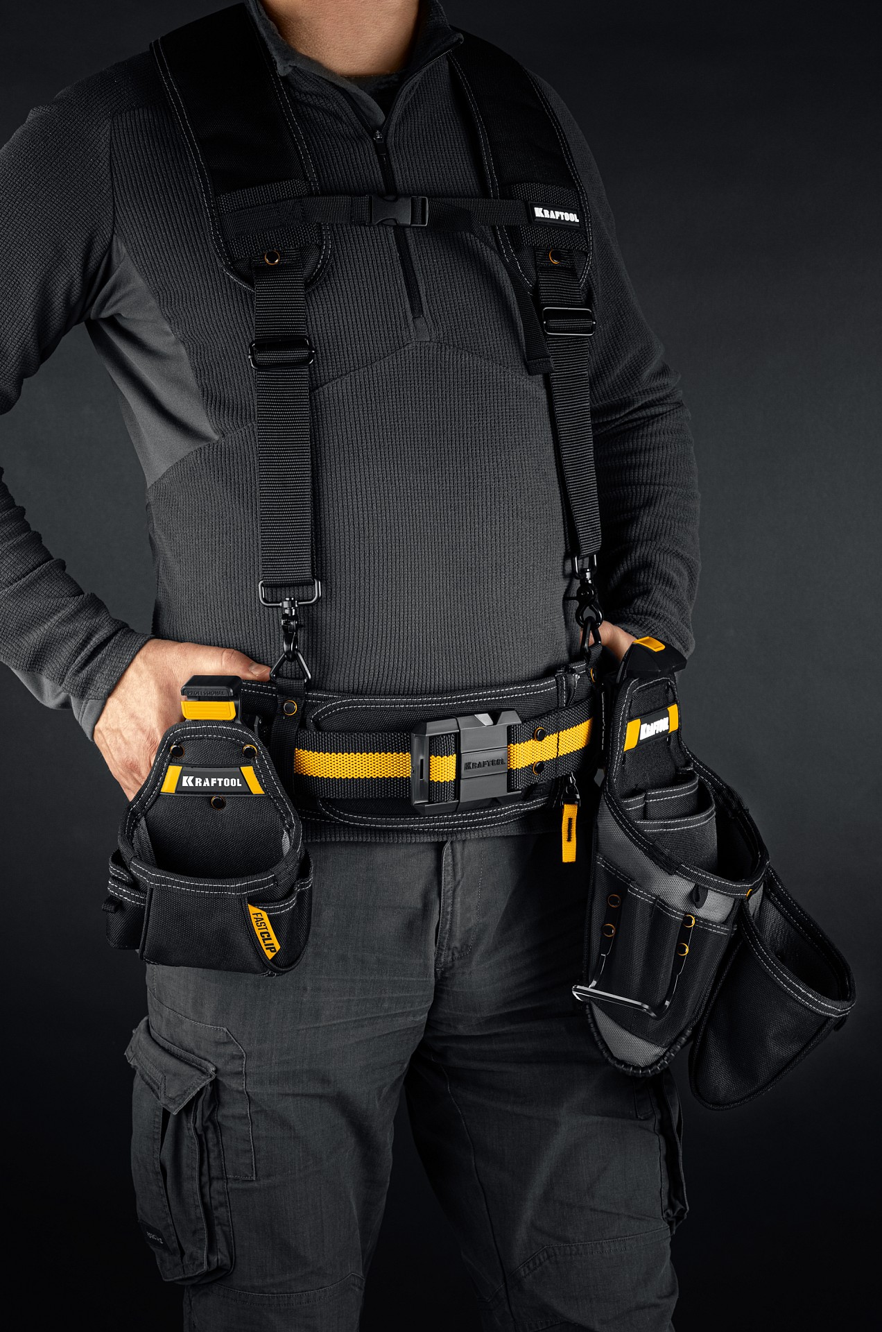 KRAFTOOL KBS-5 пояс монтажника, в комплекте: пояс монтажника, подтяжки и 3 сумки (38760-5)