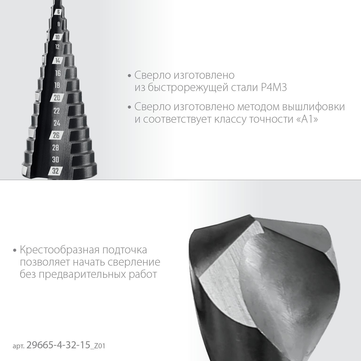 ЗУБР 4-32мм, 15 ступеней, сверло ступенчатое (29665-4-32-15)