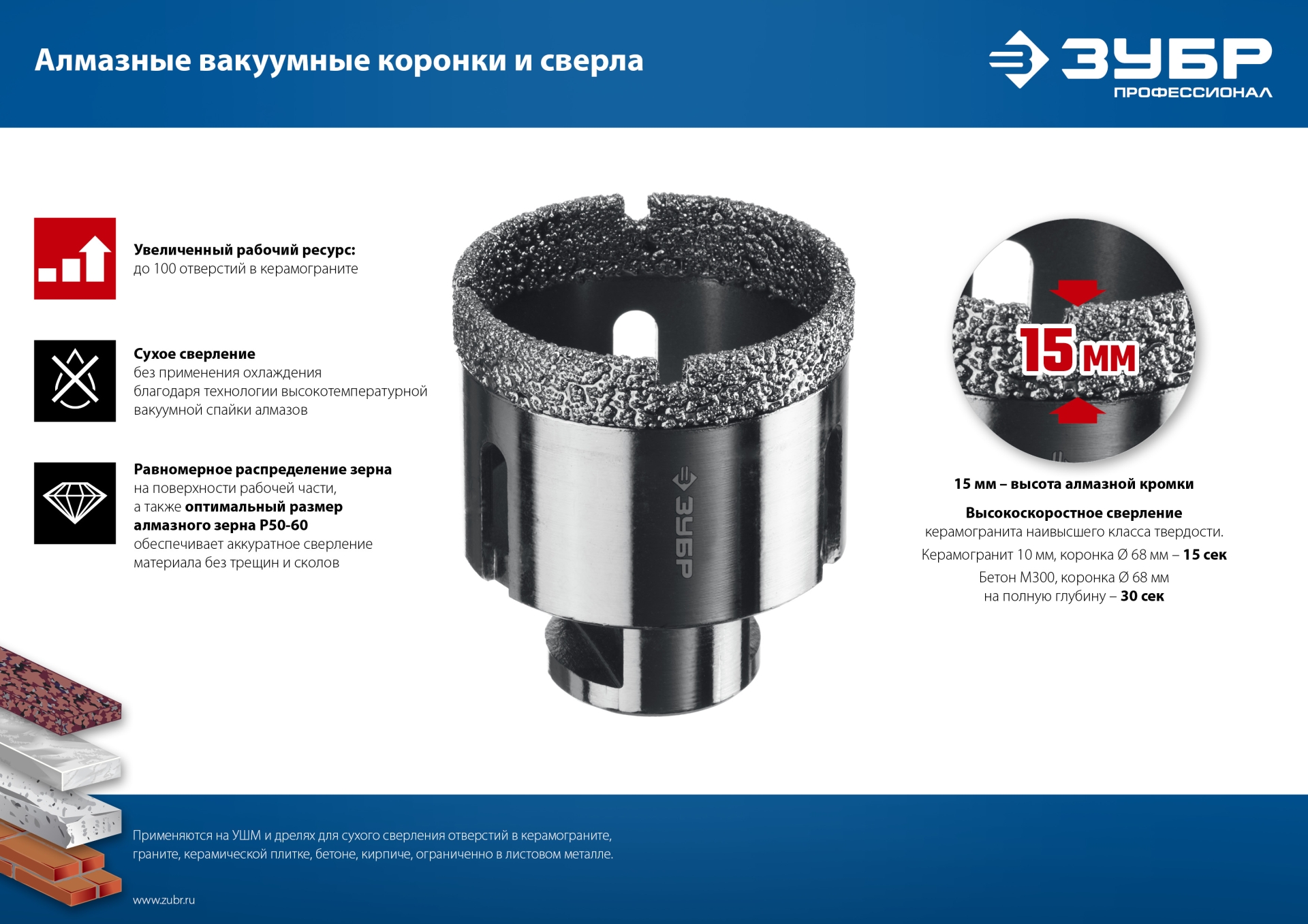 ЗУБР АВК, d 6 мм, (HEX 1/4″, 15 мм кромка), вакуумное алмазное трубчатое сверло, Профессионал (29865-06)
