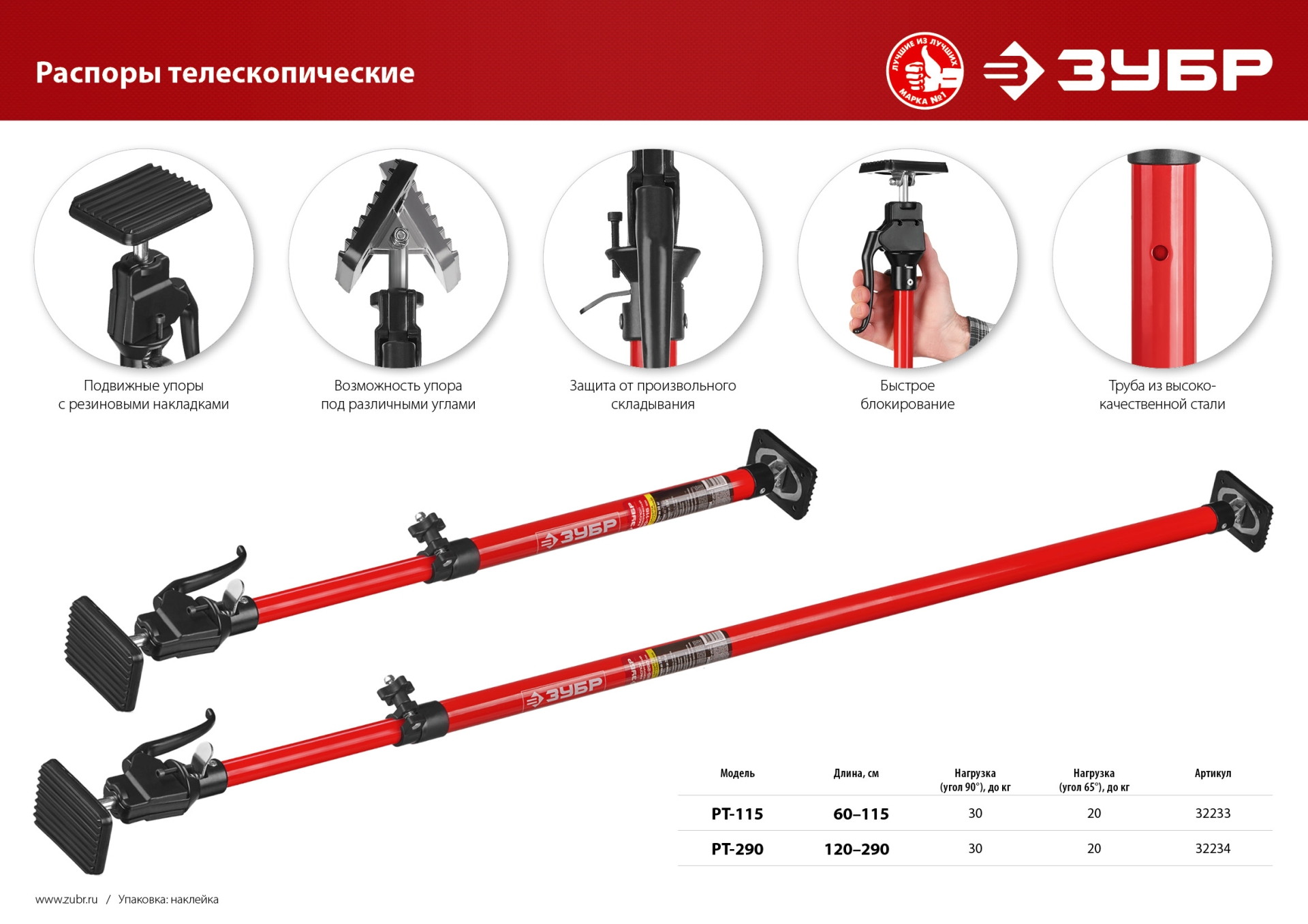 ЗУБР РТ-290, 120 - 290 см, телескопический распор (32234)