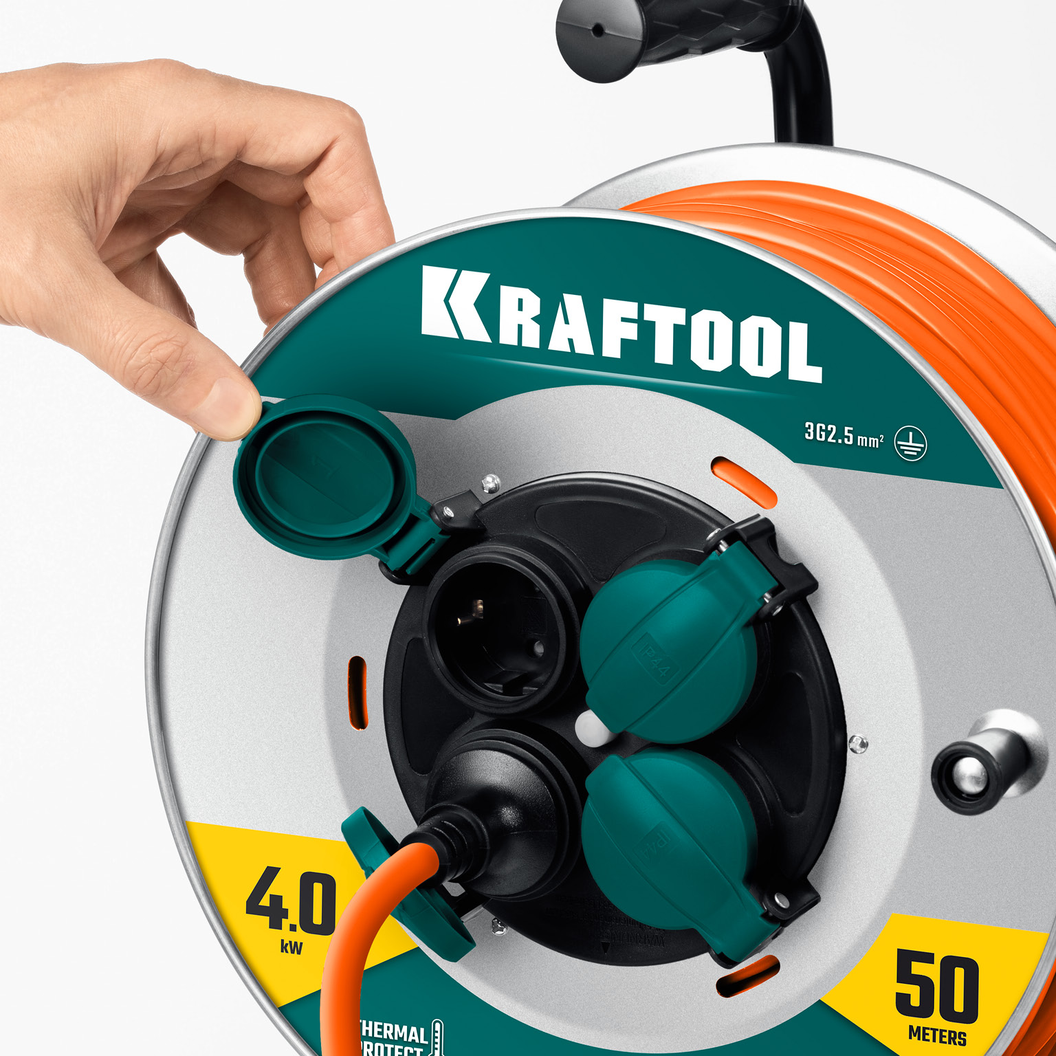 KRAFTOOL ПВС 3х2.5 50м 4000Вт IP44, Силовой удлинитель на стальной катушкеEXPERT (55089-50)