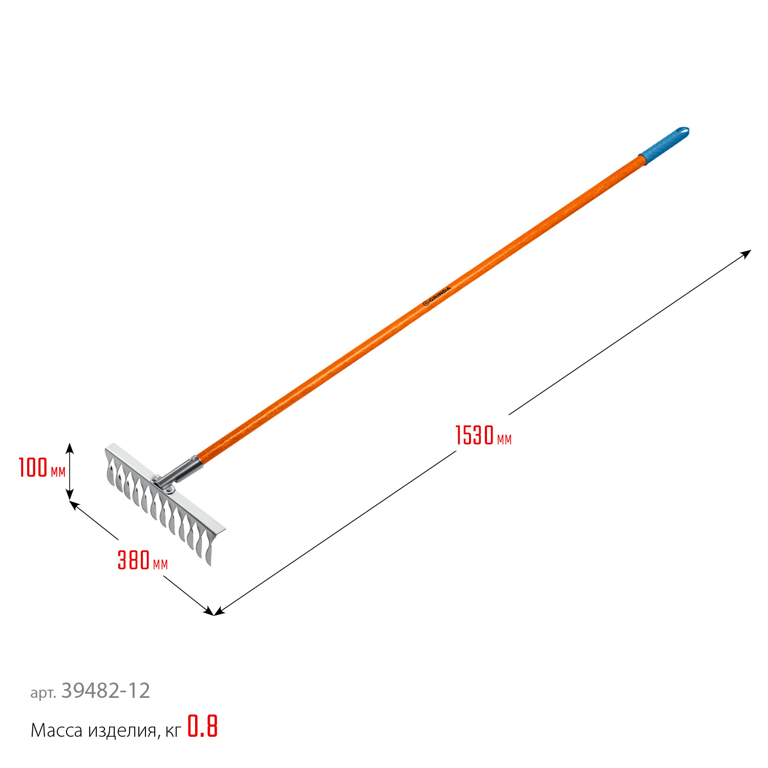 GRINDA PS-12 FIBER, 380 х 100 х 1530 мм, 12 витых зубцов, нержавеющая сталь, фибергласовый черенок, садовые грабли, PROLine (39482-12)
