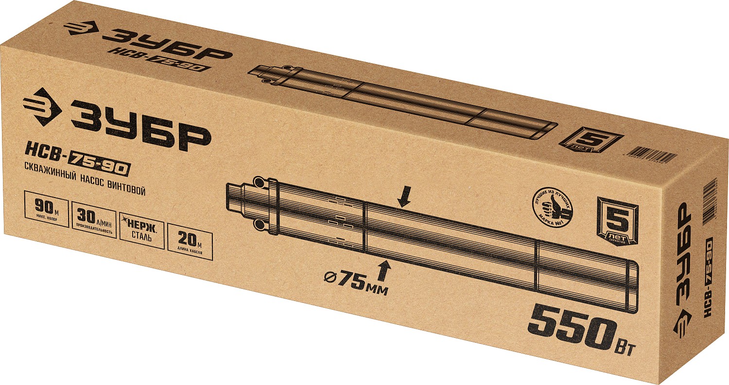 ЗУБР 550 Вт, 90 м напор, скважинный насос винтовой, корпус из нержавеющей стали (НСВ-75-90)