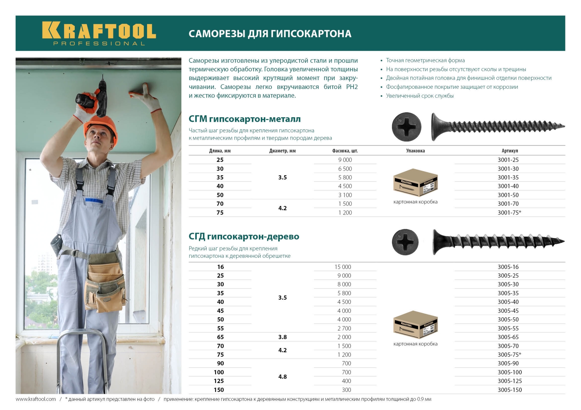 KRAFTOOL СГМ, 75 х 4.2 мм, фосфатированное покрытие, 1200 шт (5,71 кг.), саморез гипсокартон-металл (3001-75)