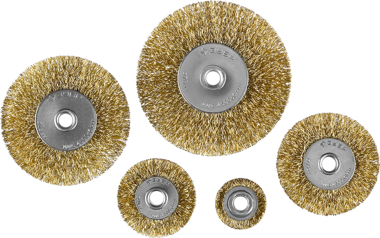 ЗУБР 5 шт, 25/40/55/63/78 мм, витая латунированная, стальная проволока, набор дисковых щеток-крацовок для дрели, Профессионал (3521-H5)