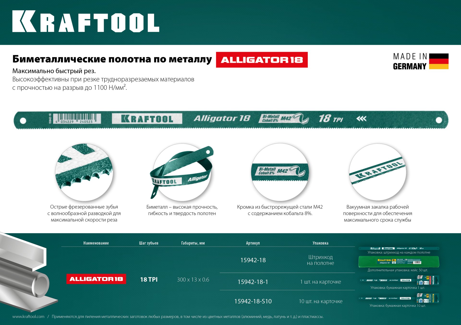 KRAFTOOL Alligator-18, 18 TPI, 300 мм, биметаллическое гибкое полотно по металлу (15942-18-1)