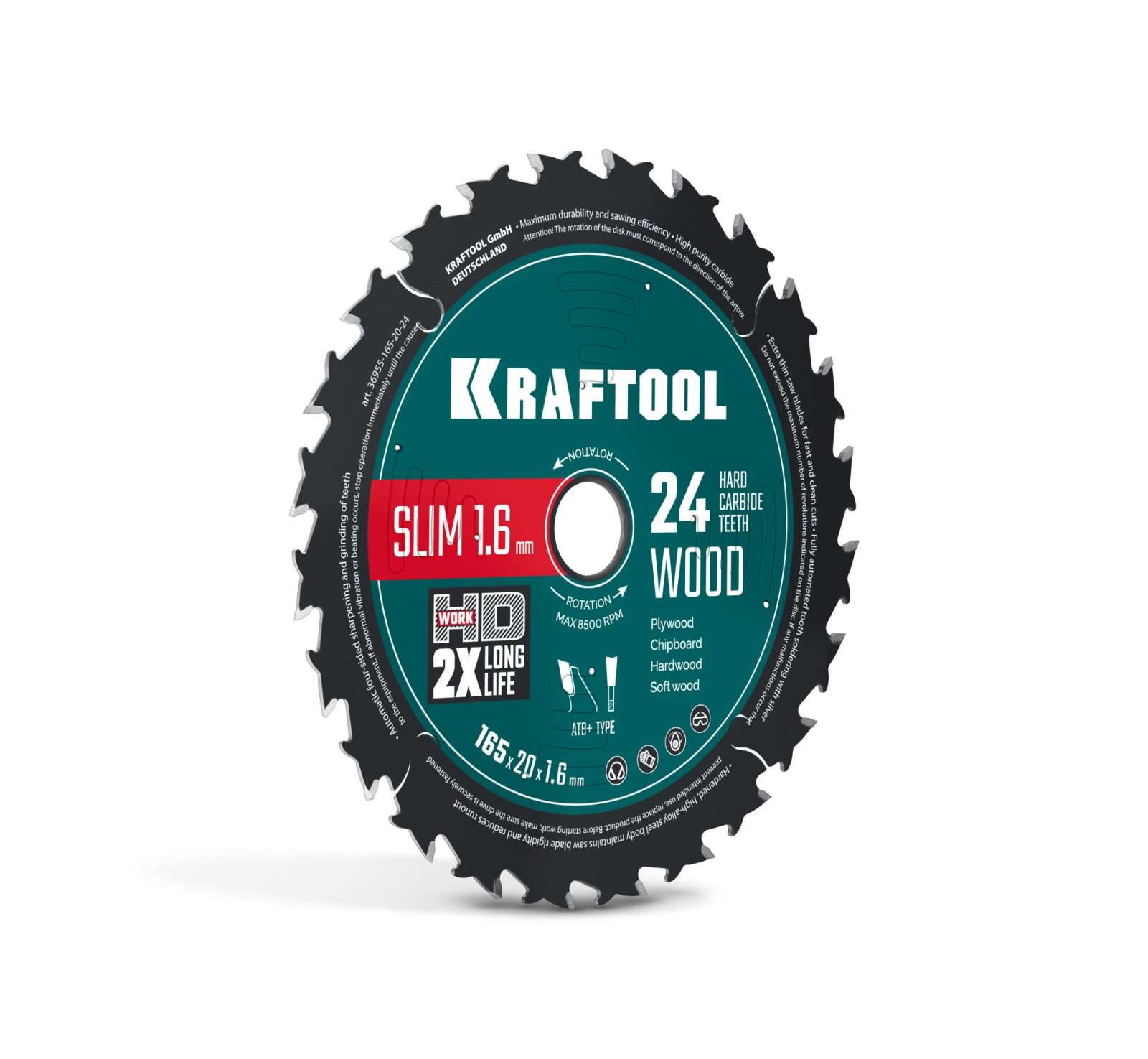 KRAFTOOL Slim wood cut 165 х 20 x 1.6 мм, 24Т, диск пильный по дереву, (36955-165-20-24)