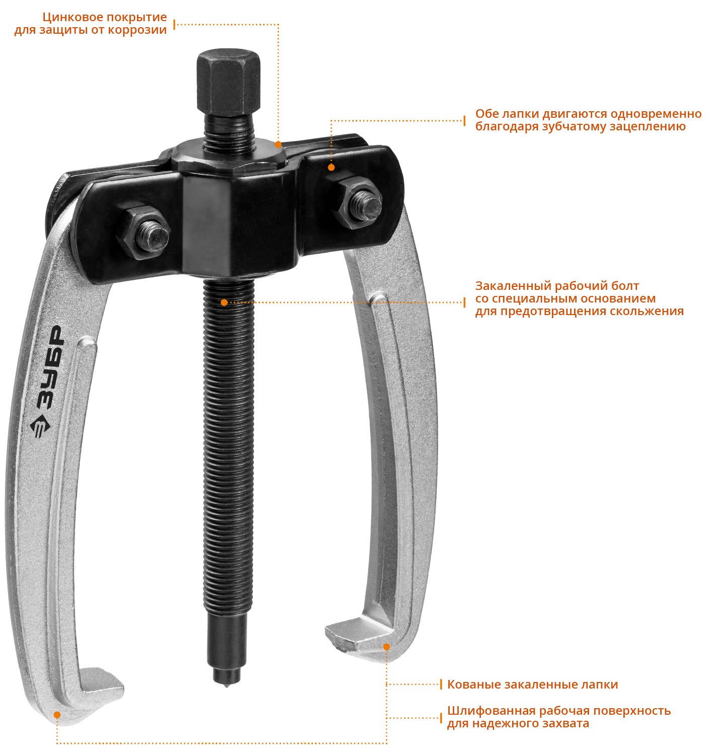 ЗУБР d 50 - 200 мм, шарнирный двухзахватный съемник с серповидными захватами, Профессионал (43322-160)
