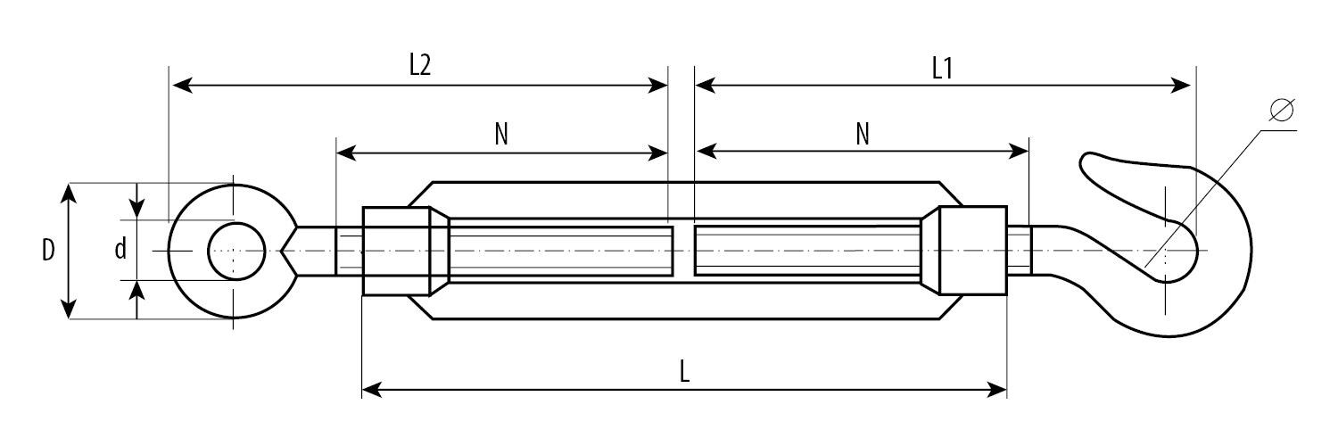 ЗУБР DIN 1480, М16, кованая натяжная муфта, 2 шт, талреп крюк-кольцо, Профессионал (4-304355-16)