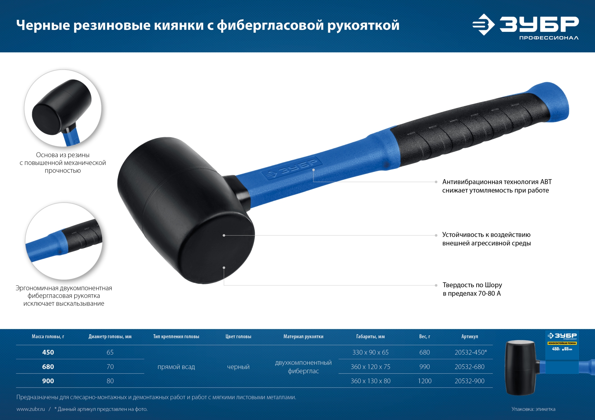 ЗУБР 450 г, чёрная, резиновая киянка, Профессионал (20532-450)