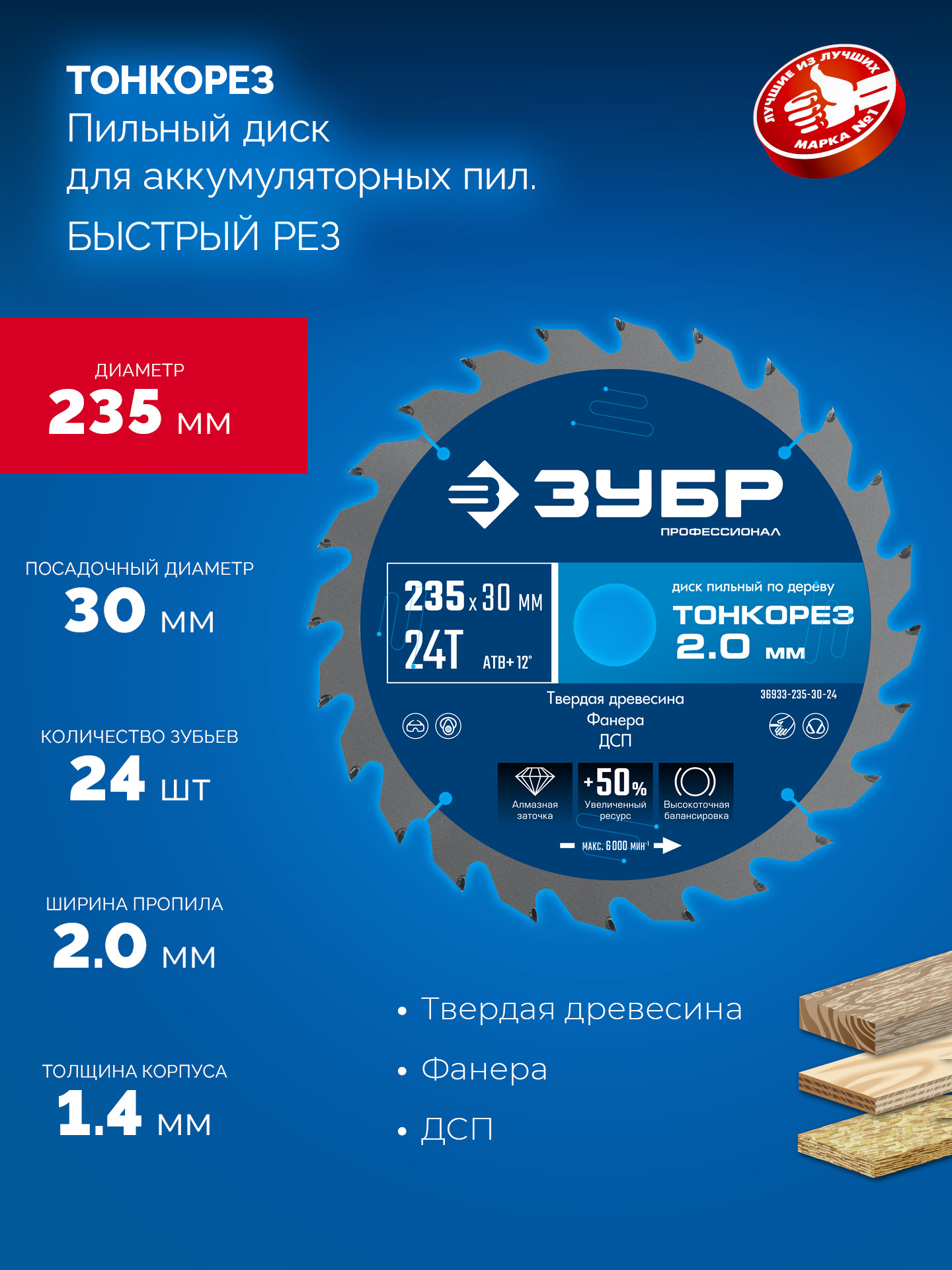 ЗУБР Тонкорез 235х30 x 2.0 мм, 24Т, диск пильный по дереву тонкий рез, Профессионал (36933-235-30-24)