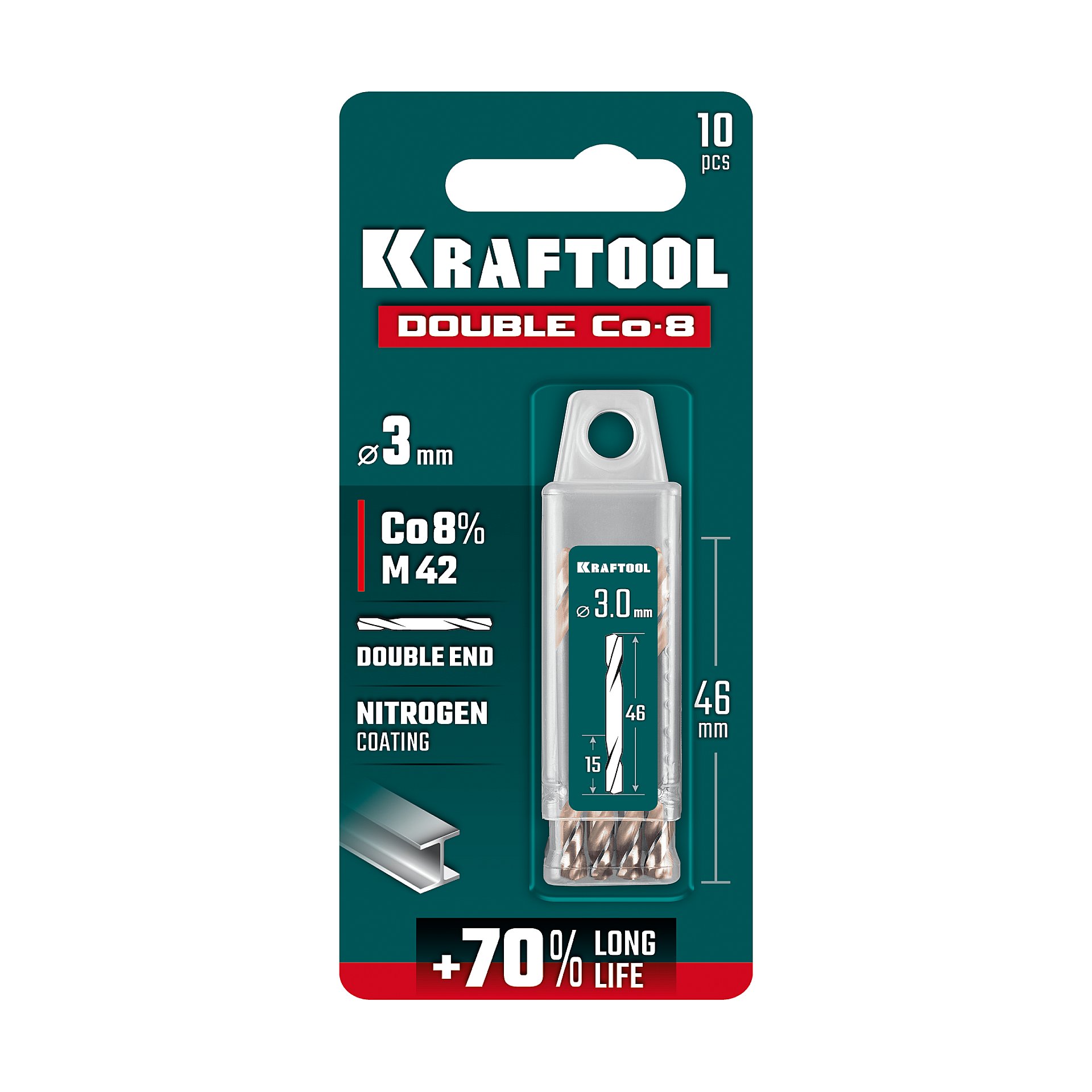 KRAFTOOL DOUBLE Сo-8 3.0х46мм, Сверло двухстороннее по металлу, сталь M42(+8%Co), класс А (29654-3.0-10)