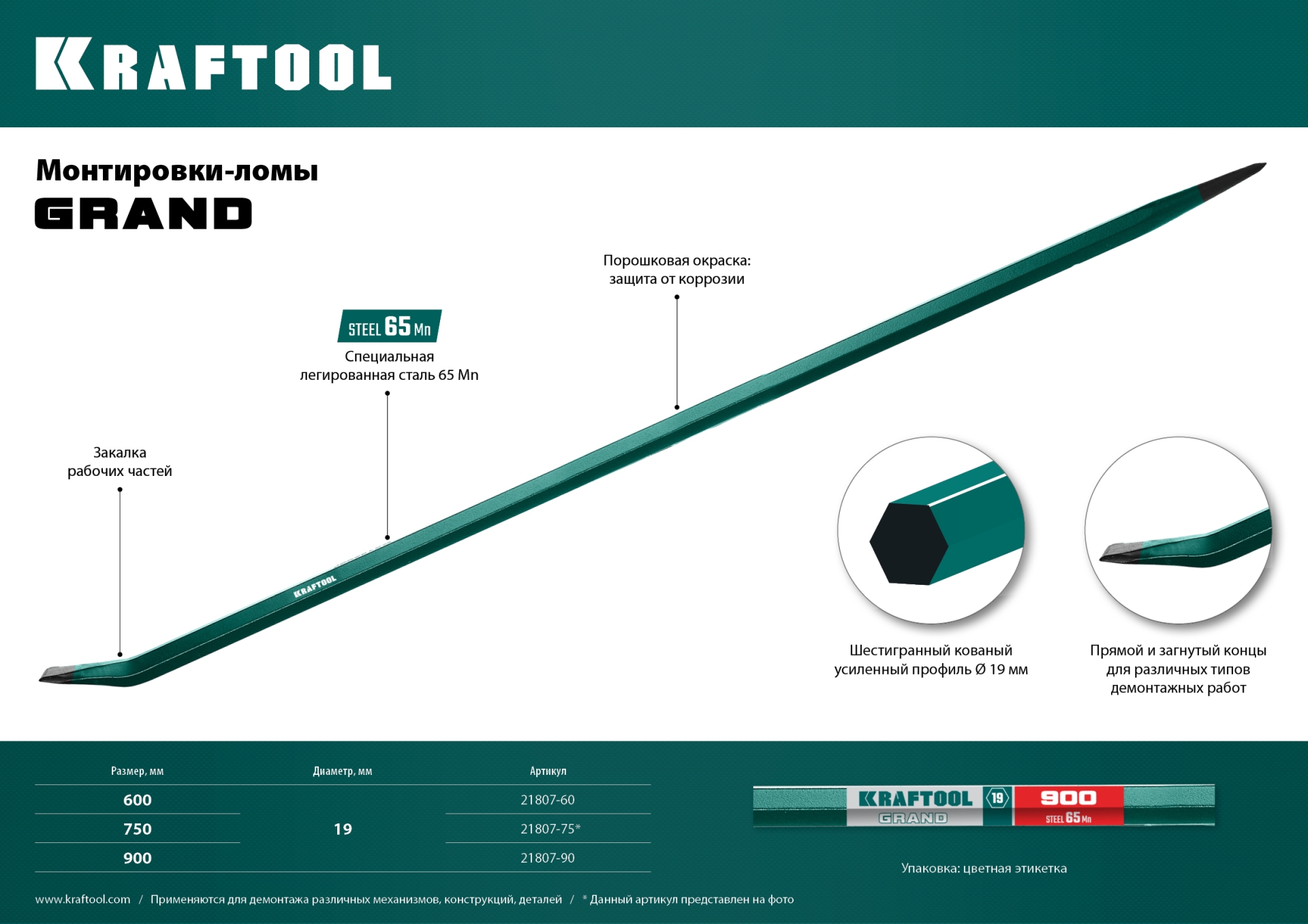 KRAFTOOL 900 мм, 19 мм, монтажный лом (21807-90)