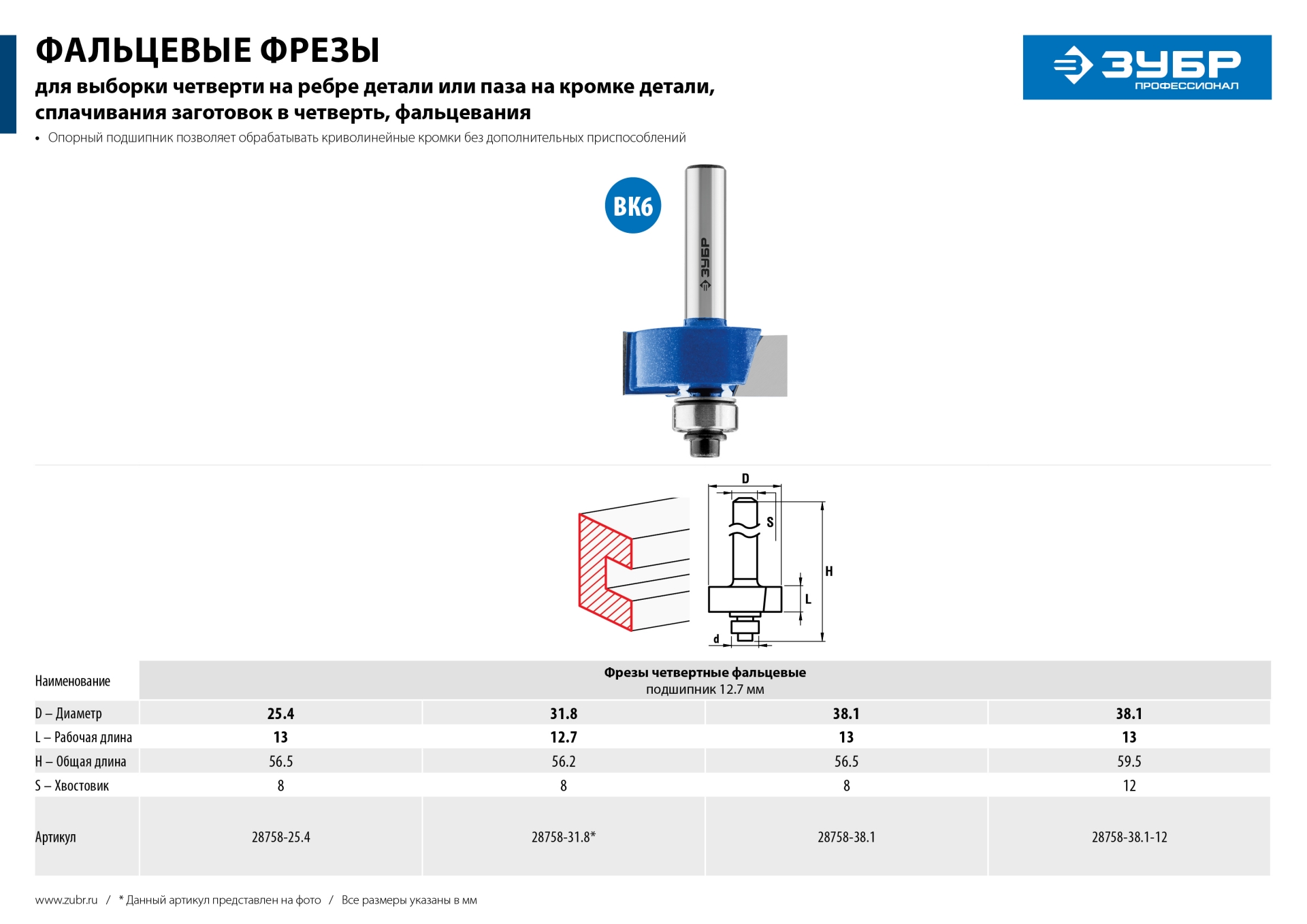 ЗУБР 25.4 x 13 мм, хвостовик 8 мм, фреза фальцевая, Профессионал (28758-25.4)