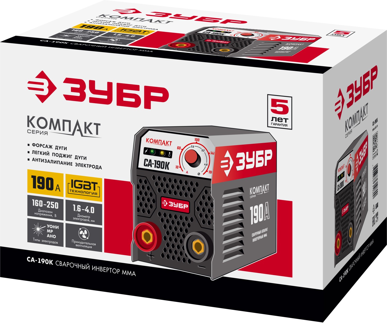 ЗУБР ММА, 190 А, КОМПАКТ, сварочный аппарат инверторный, макс. электрод Ø 4.0 мм (СА-190К)