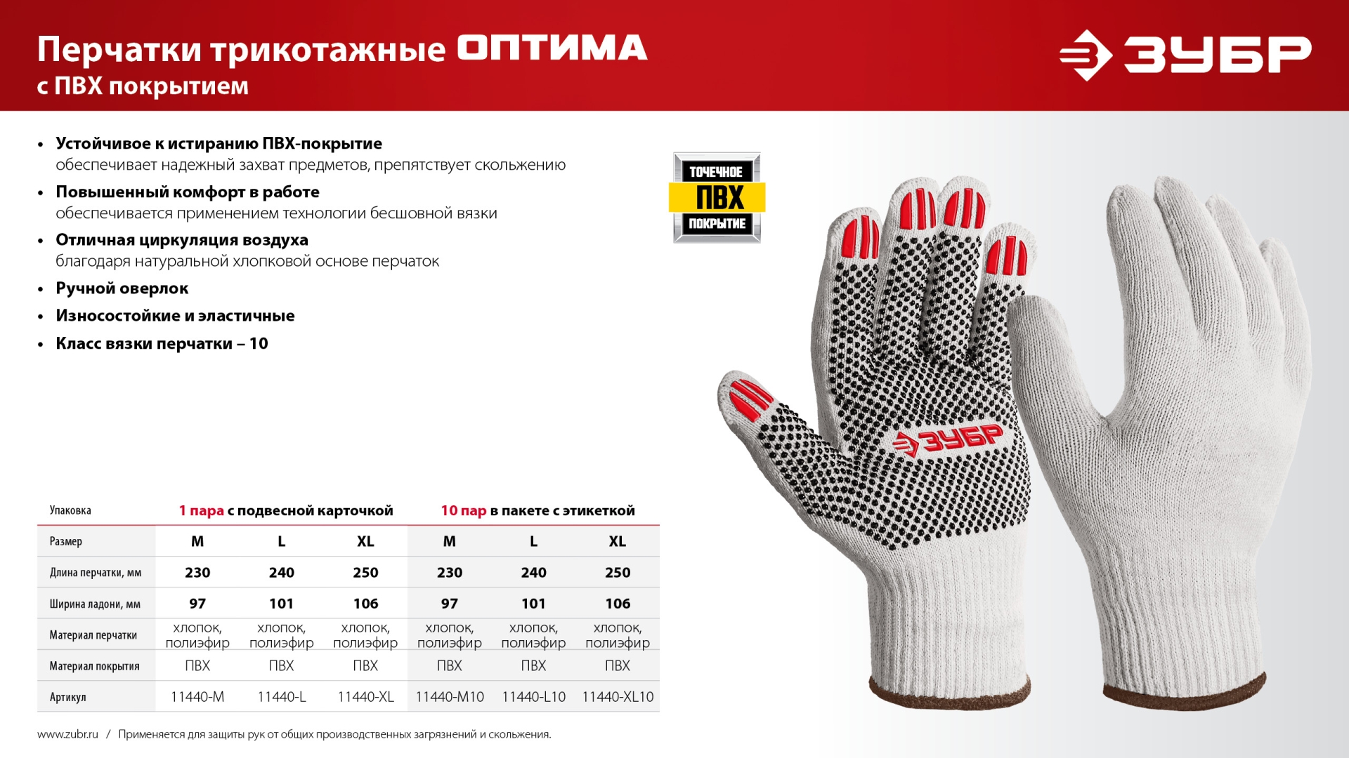 ЗУБР ОПТИМА, XL (10), х/б перчатки с ПВХ покрытием (точка), 10 класс, 10 пар (11440-XL10)