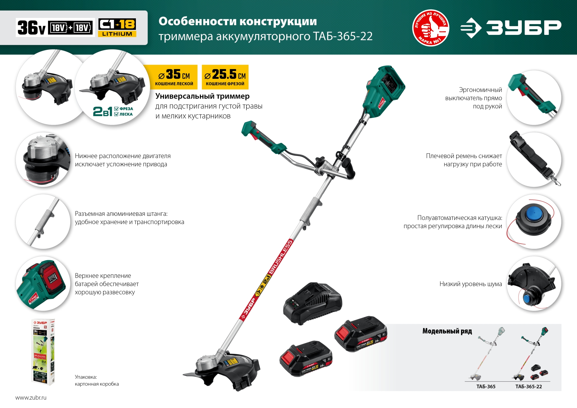 ЗУБР С1-18, 36 В, 35/25.5 см, 2х18 В АКБ (2 А·ч), бесщеточный триммер (ТАБ-365-22)