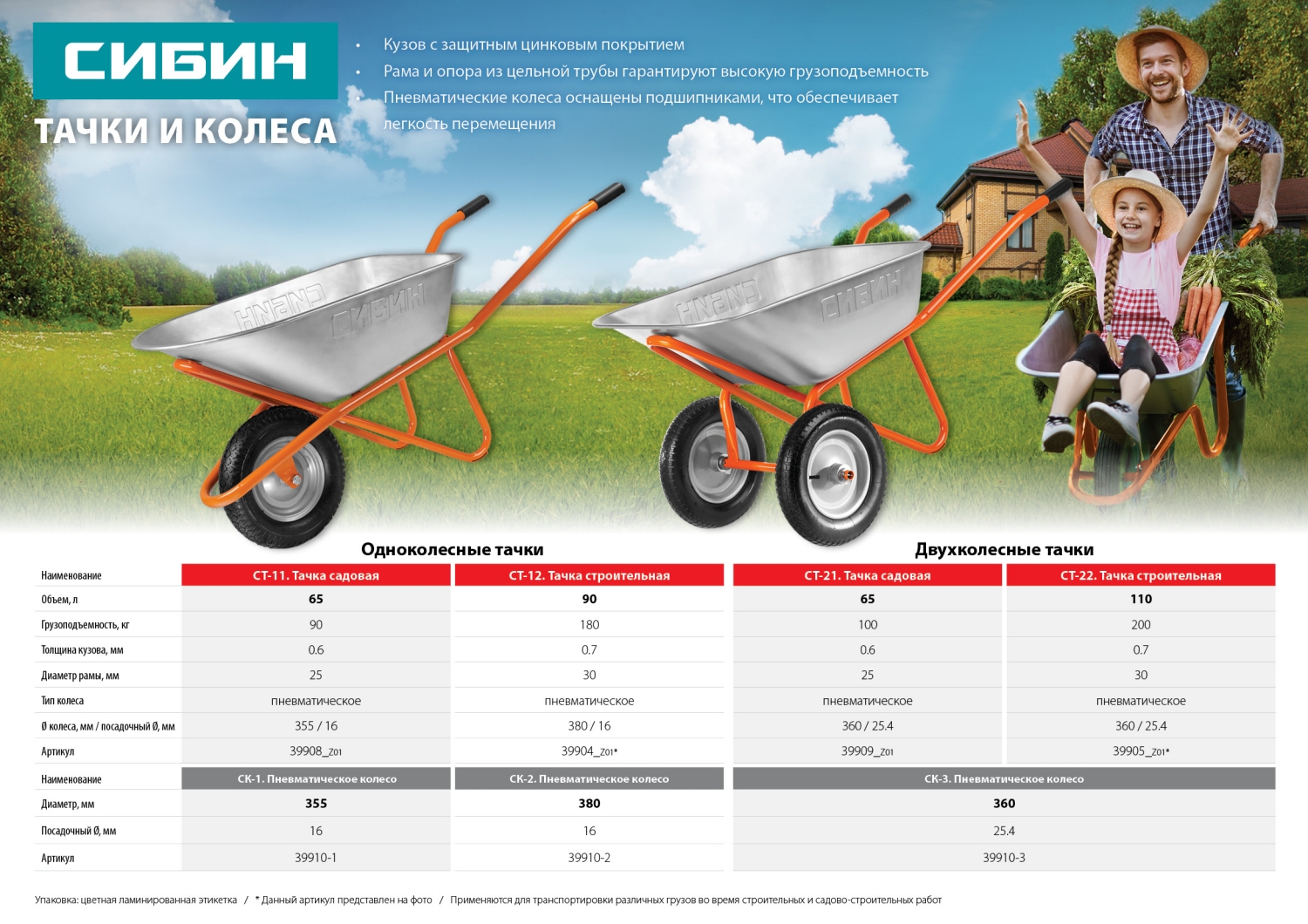 СИБИН СК-3, 3.25″ х 360 мм, для тачек (арт. 39905, 39909, 39992, 39994), стальной диск, подшипник - 25,4 мм, пневматическое колесо (39910-3)