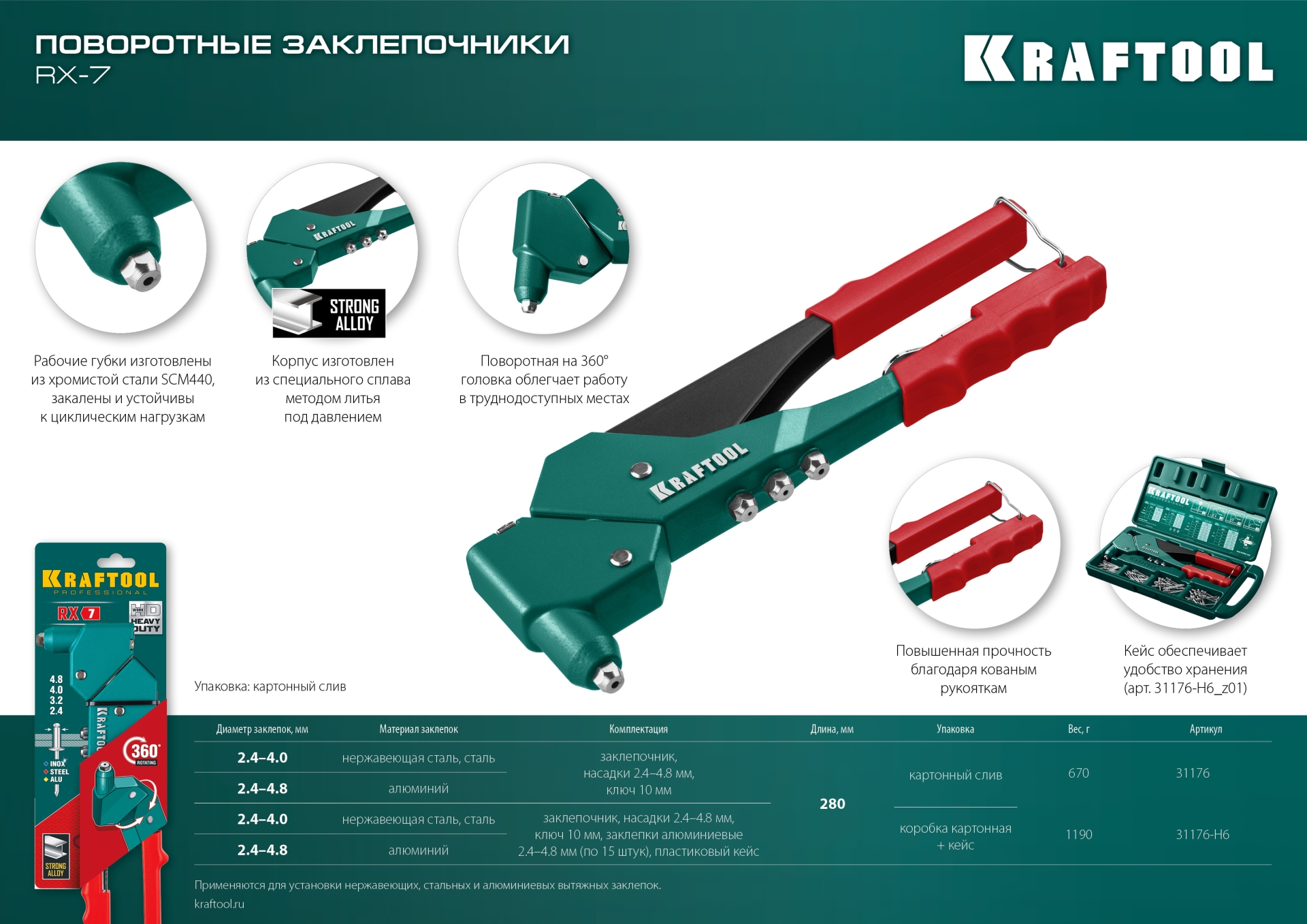 KRAFTOOL RX-7, 360°, 2.4 - 4.8 мм, 280 мм, литой поворотный заклепочник в кейсе (31176-H6)