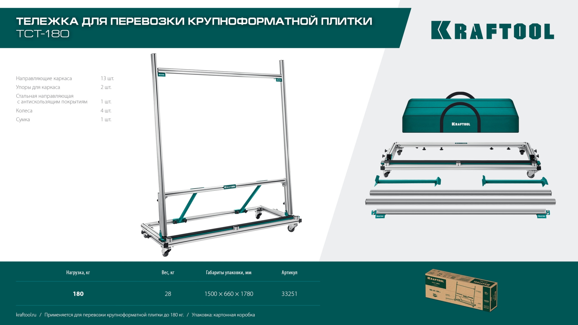 KRAFTOOL TCT-180 макс нагрузка 180 кг, Тележка для перевозки крупноформатной плитки (33251)