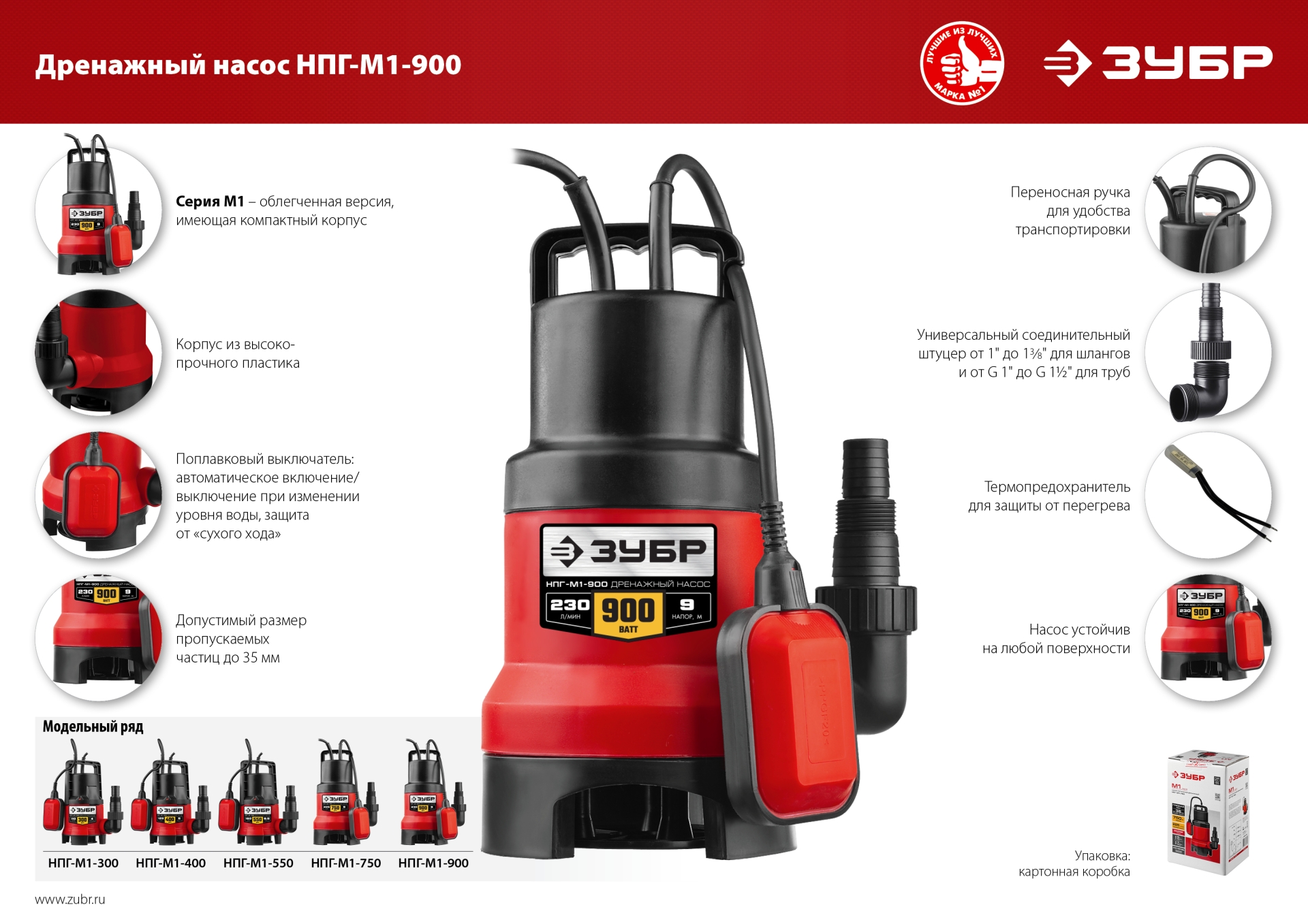 ЗУБР 900 Вт, дренажный насос для грязной воды (НПГ-М1-900)