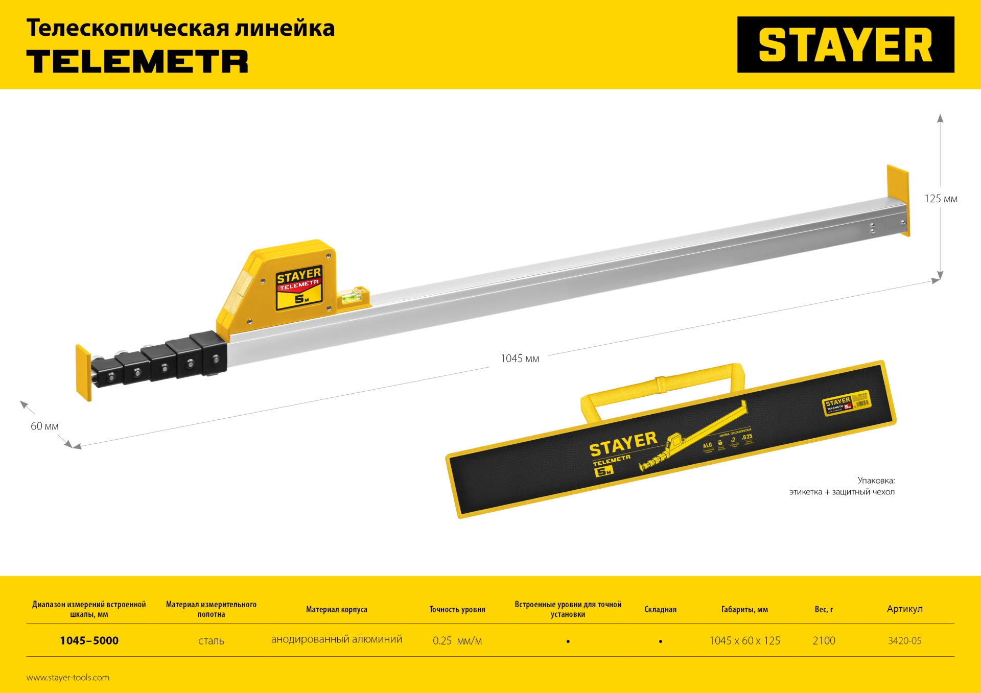 STAYER Telemetr, 5 м, телескопическая линейка, Professional (3420-05)
