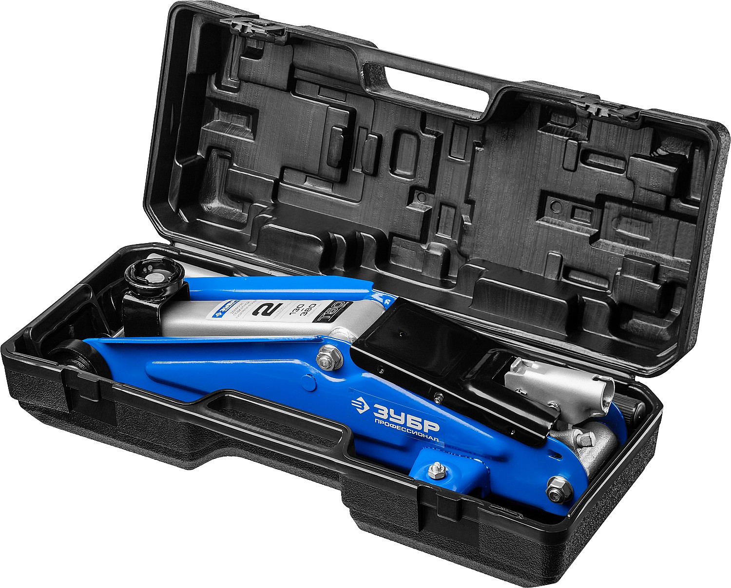 ЗУБР Т-50, 2 т, 130 - 380 мм, подкатной домкрат с увеличенным подъемом в кейсе, Профессионал (43052-2-K)