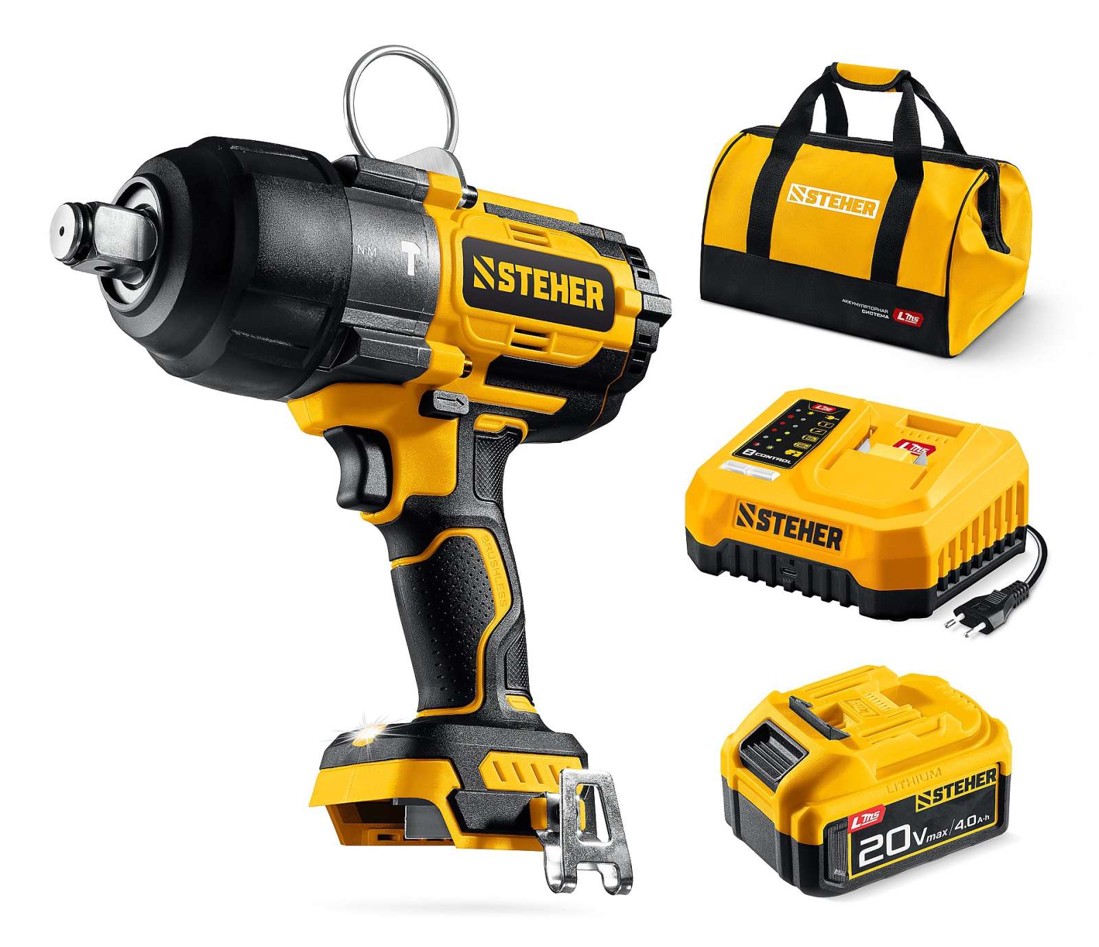 STEHER 20 В, 1000 Н·м, 1 АКБ LMS (4 А·ч), бесщеточный ударный гайковерт, сумка (CWB-1000-41)