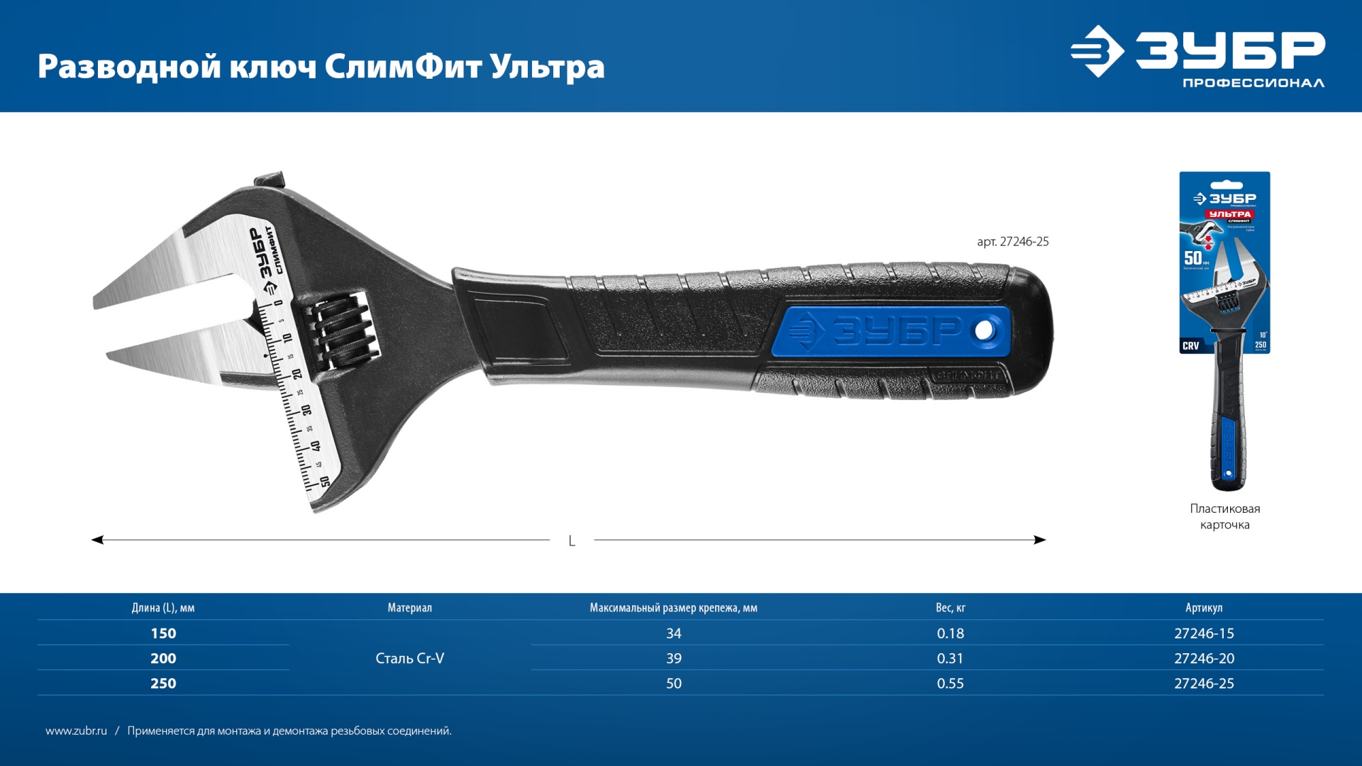 ЗУБР СлимФит Ультра, 200/39 мм, разводной ключ, ПРОФЕССИОНАЛ (27246-20)