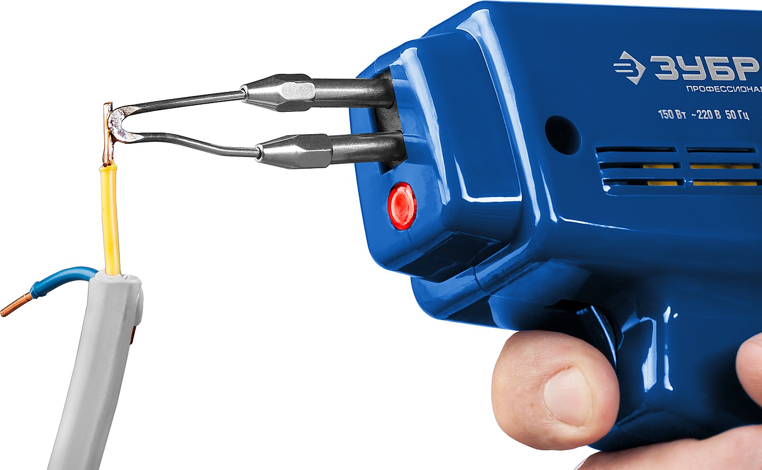 ЗУБР 150 Вт, в наборе: нагрев 6 сек., канифоль, припой, 2 сменных жала, импульсный паяльник, Профессионал (55412-H4)
