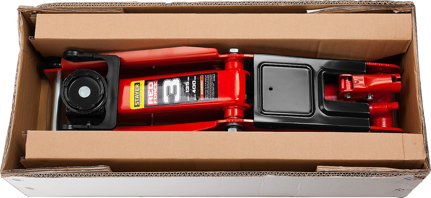 STAYER R-33 RED FORCE, 3 т, 135 - 400 мм, подкатной домкрат с увеличенным подъемом, Professional (43154-3)