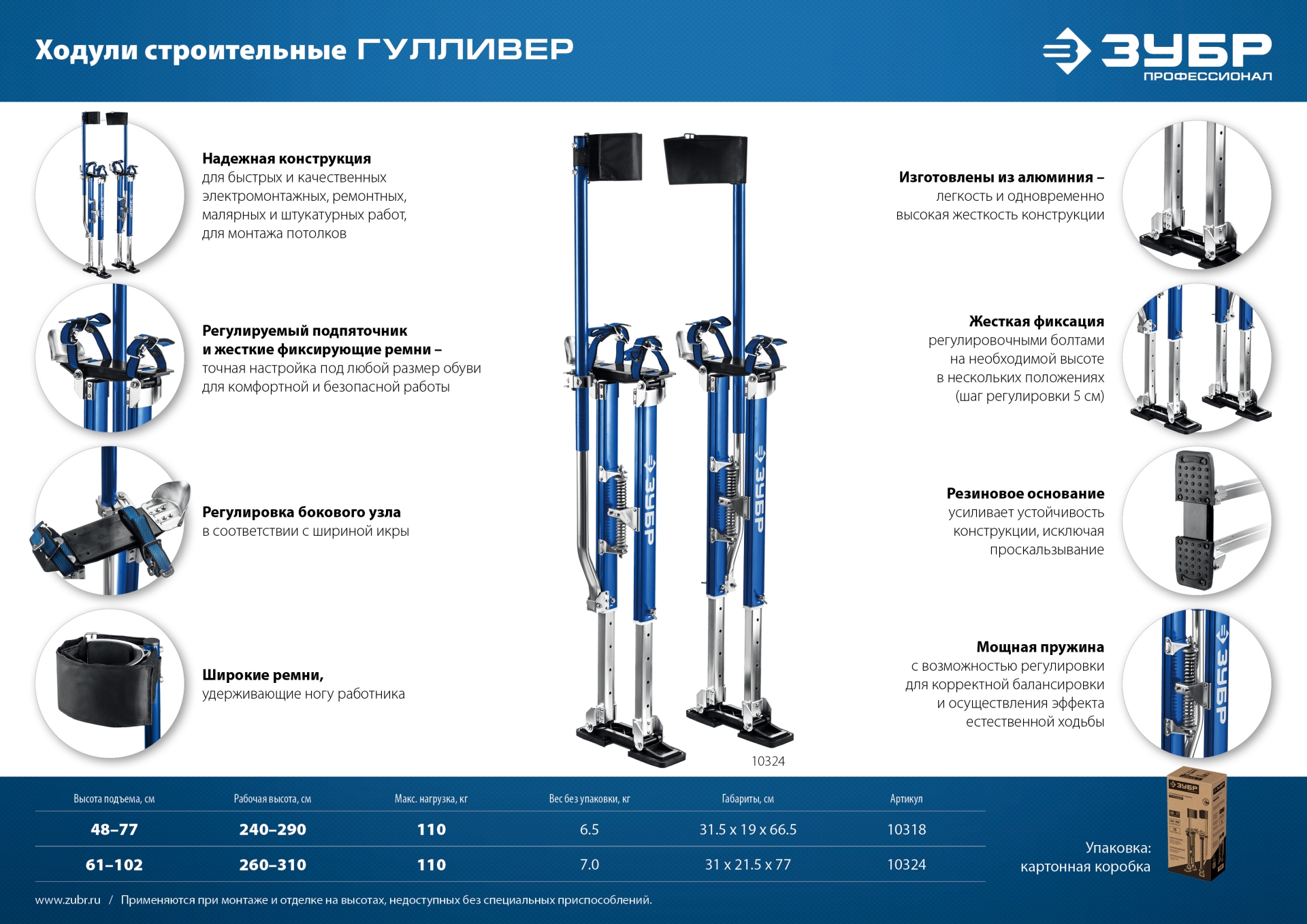ЗУБР Гулливер, 610 - 1020 мм, строительные ходули, Профессионал (10324)