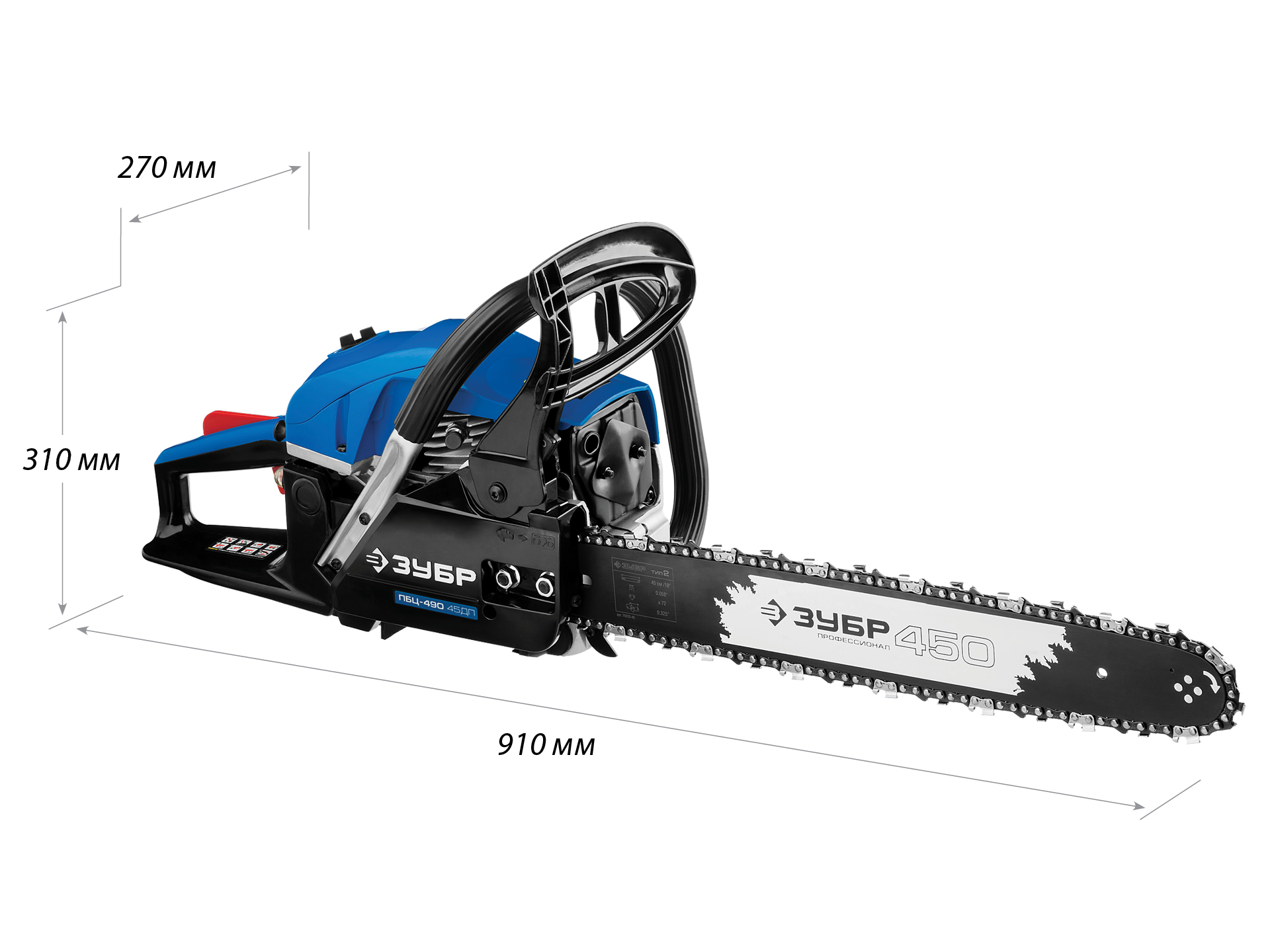 ЗУБР 49 см3, 45 см, бензопила, Профессионал (ПБЦ-490 45ДП)