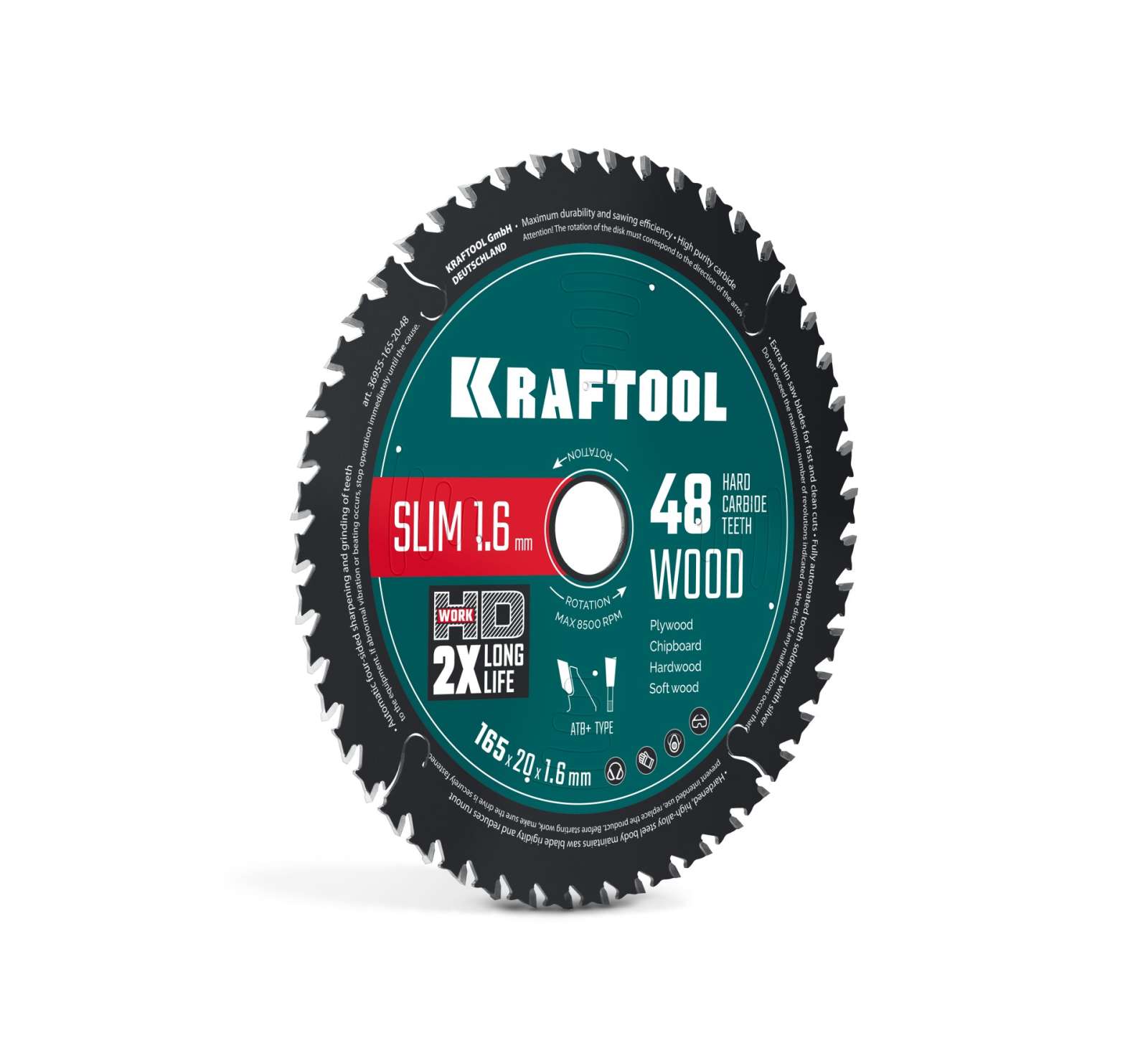 KRAFTOOL Slim wood cut 165 х 20 x 1.6 мм, 48Т, диск пильный по дереву, (36955-165-20-48)