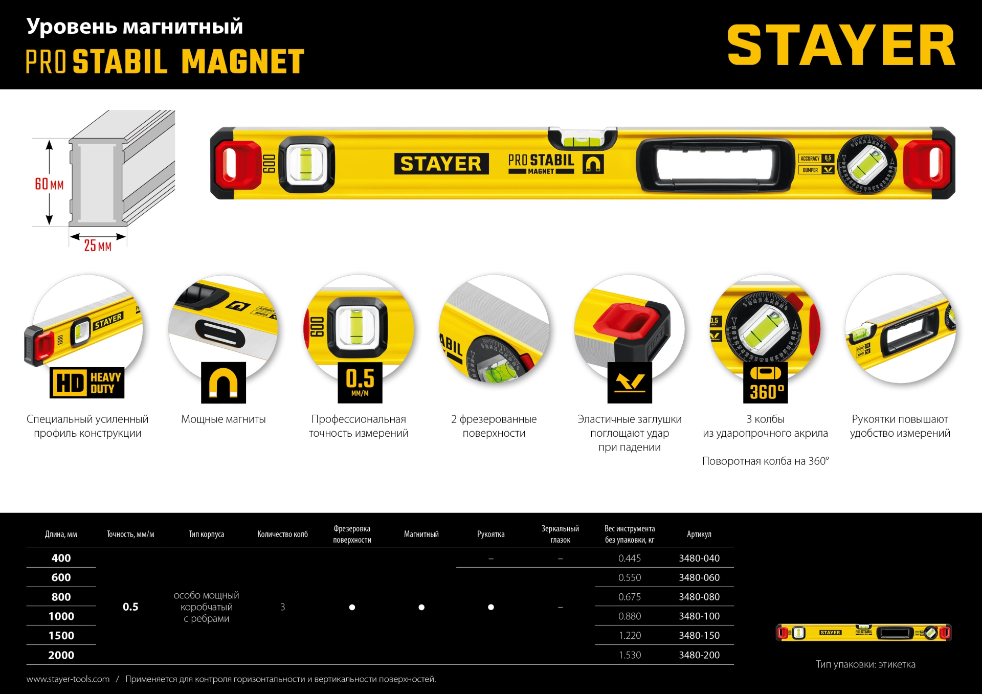 STAYER PRO STABIL, 1500 мм, усиленный профиль, магнитный уровень с поворотным глазком, Professional (3480-150)
