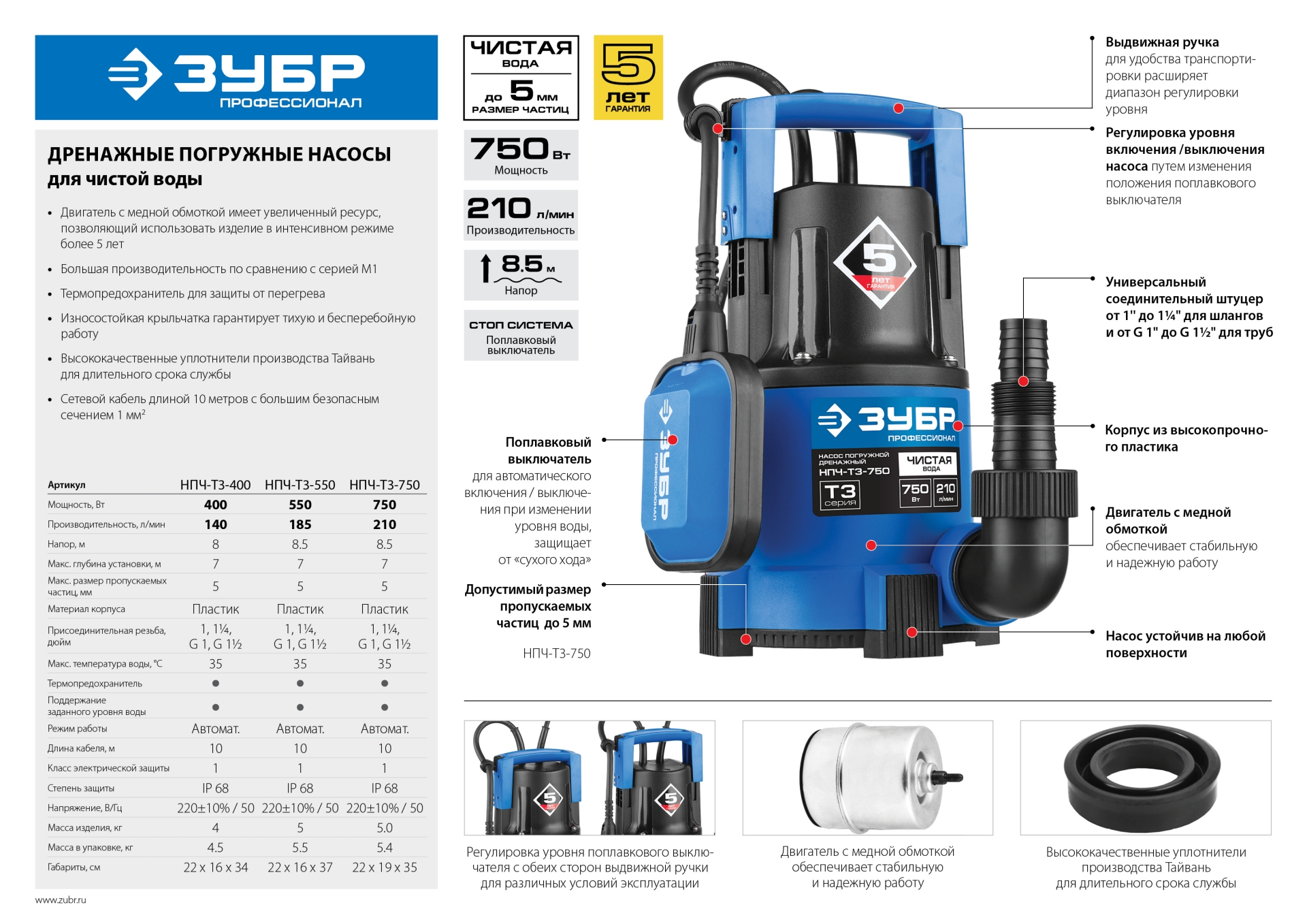 ЗУБР 750 Вт, дренажный насос с минимальным уровнем откачки, Профессионал (НПЧ-Т3-750)