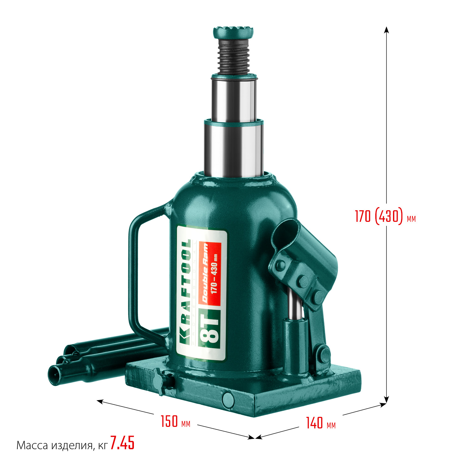 KRAFTOOL DOUBLE RAM, 8 т, 170 - 430 мм, с увеличенным подъемом, двухштоковый бутылочный домкрат (43463-8)