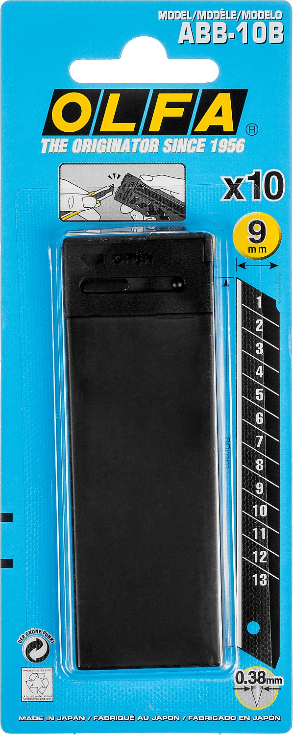 OLFA 9 мм, 10 шт, в пластиковом кейсе + блистер, черные сегментированные лезвия, особо острые, EXCEL BLACK (OL-ABB-10B)