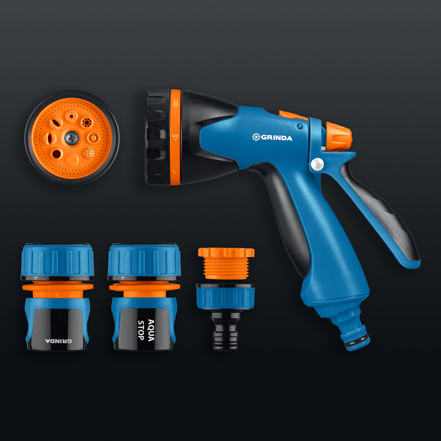 GRINDA B-834, пистолет поливочный B-8, коннектор 3/4, конектор 3/4 с автостопом, адаптер с внутр. резьбой 1/2х3/4, набор поливочный, PROLine (429113)