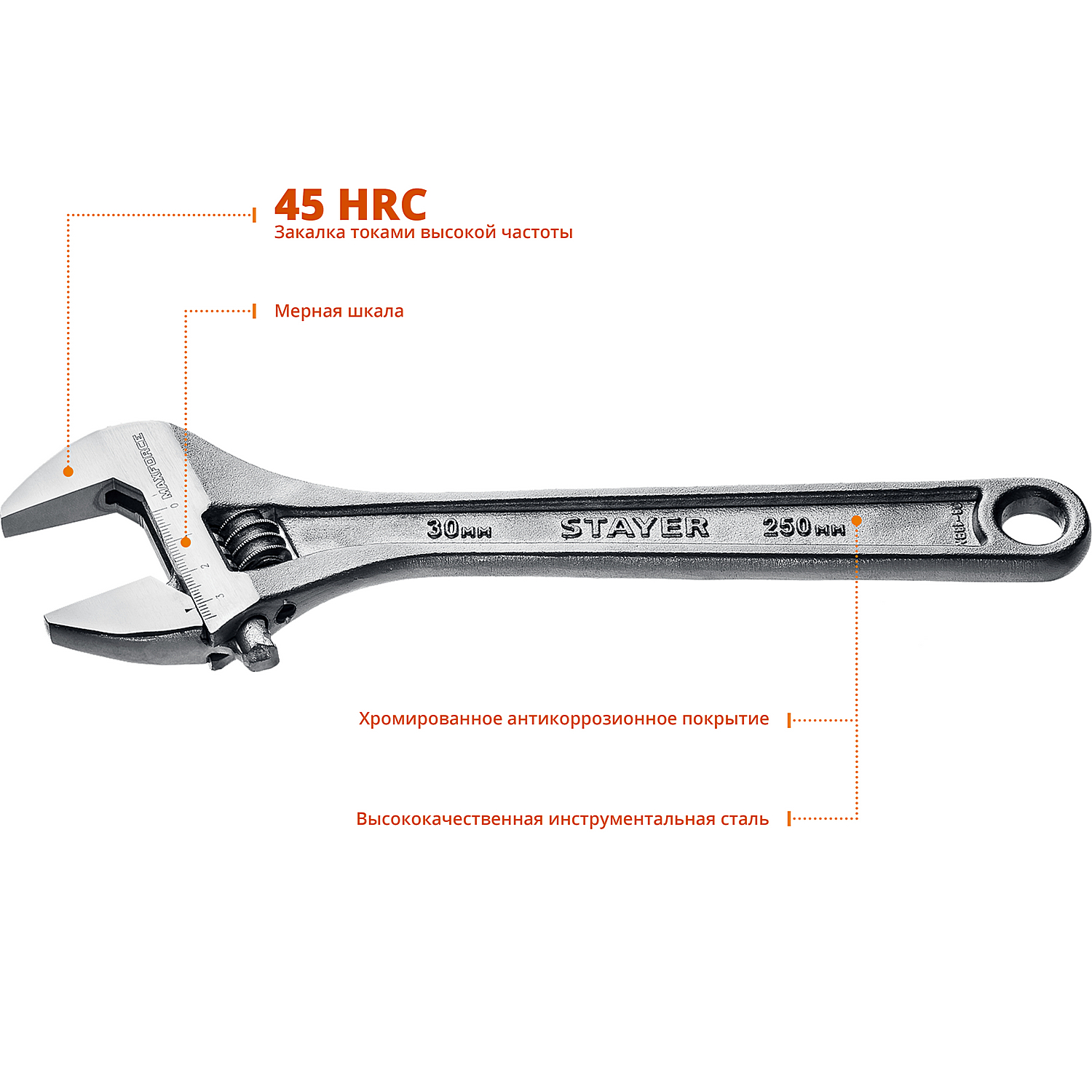 STAYER MAXFORCE, 250/30 мм, разводной ключ (2725-25)