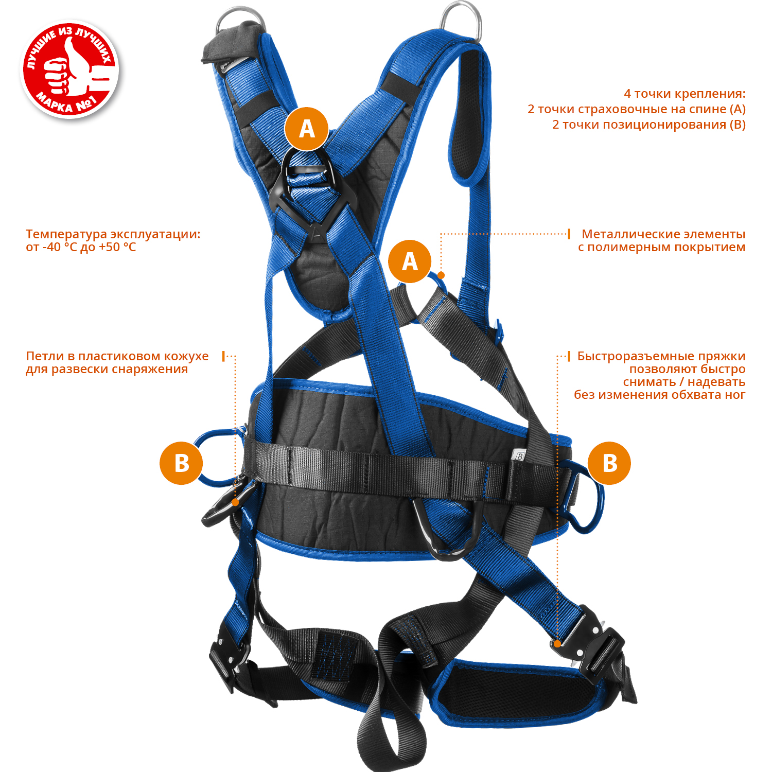 ЗУБР МОНБЛАН стальная фурнитура с полимерным покрытием, 4 точки крепления, р. L(1140-1440), страховочная и удерживающая привязь, Профессионал (11593)