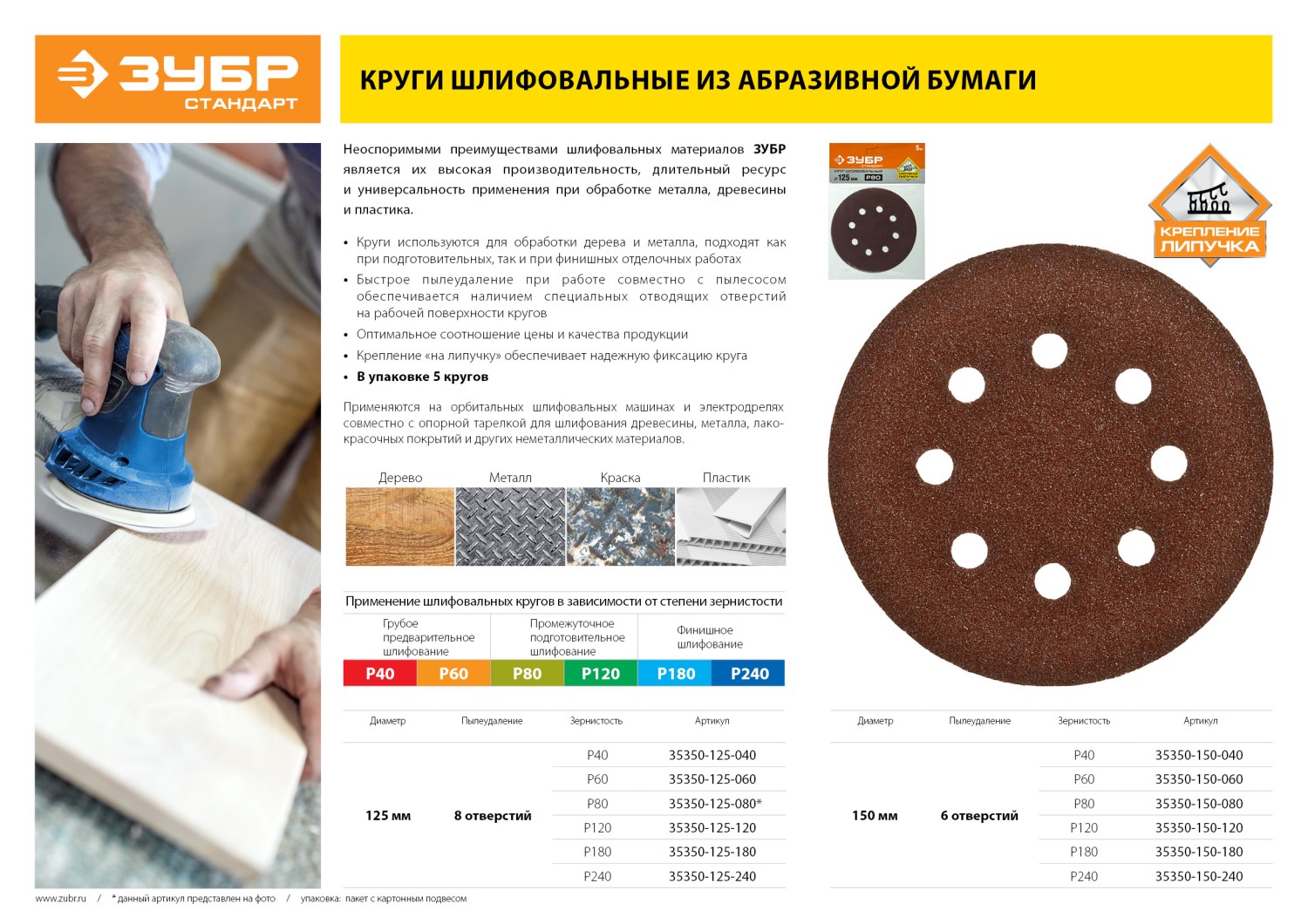 Круг шлифовальный ЗУБР ″СТАНДАРТ″ из абразивной бумаги на велкро основе, 6 отв., Р60, 150мм, 5шт